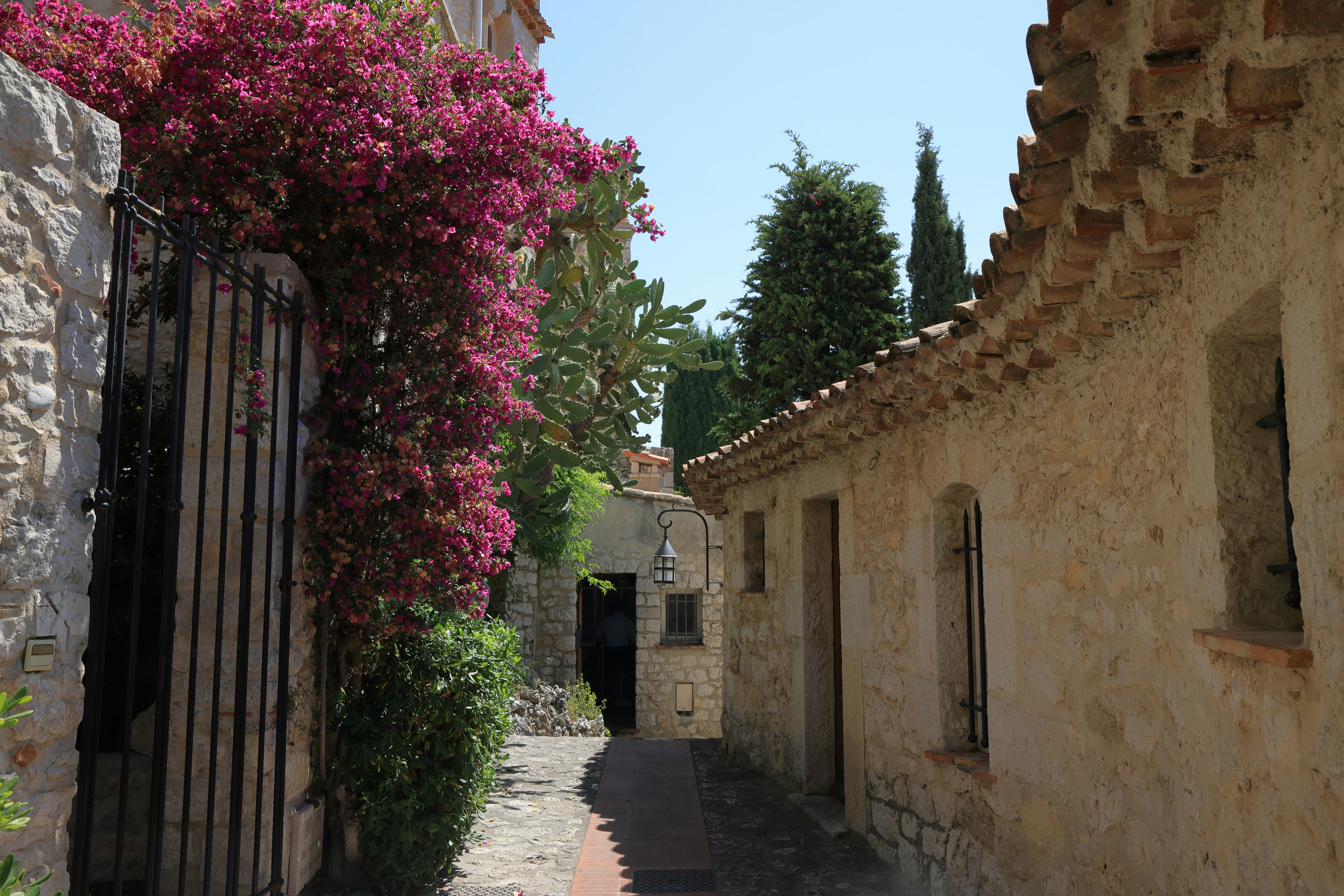 Narrow pathway lined with blooming bougainvillea and rustic stone buildings