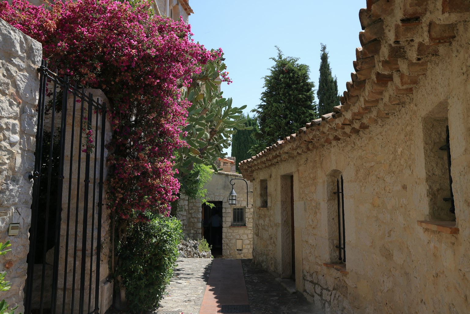 Sendero estrecho flanqueado por bugambilias en flor y edificios de piedra rústica
