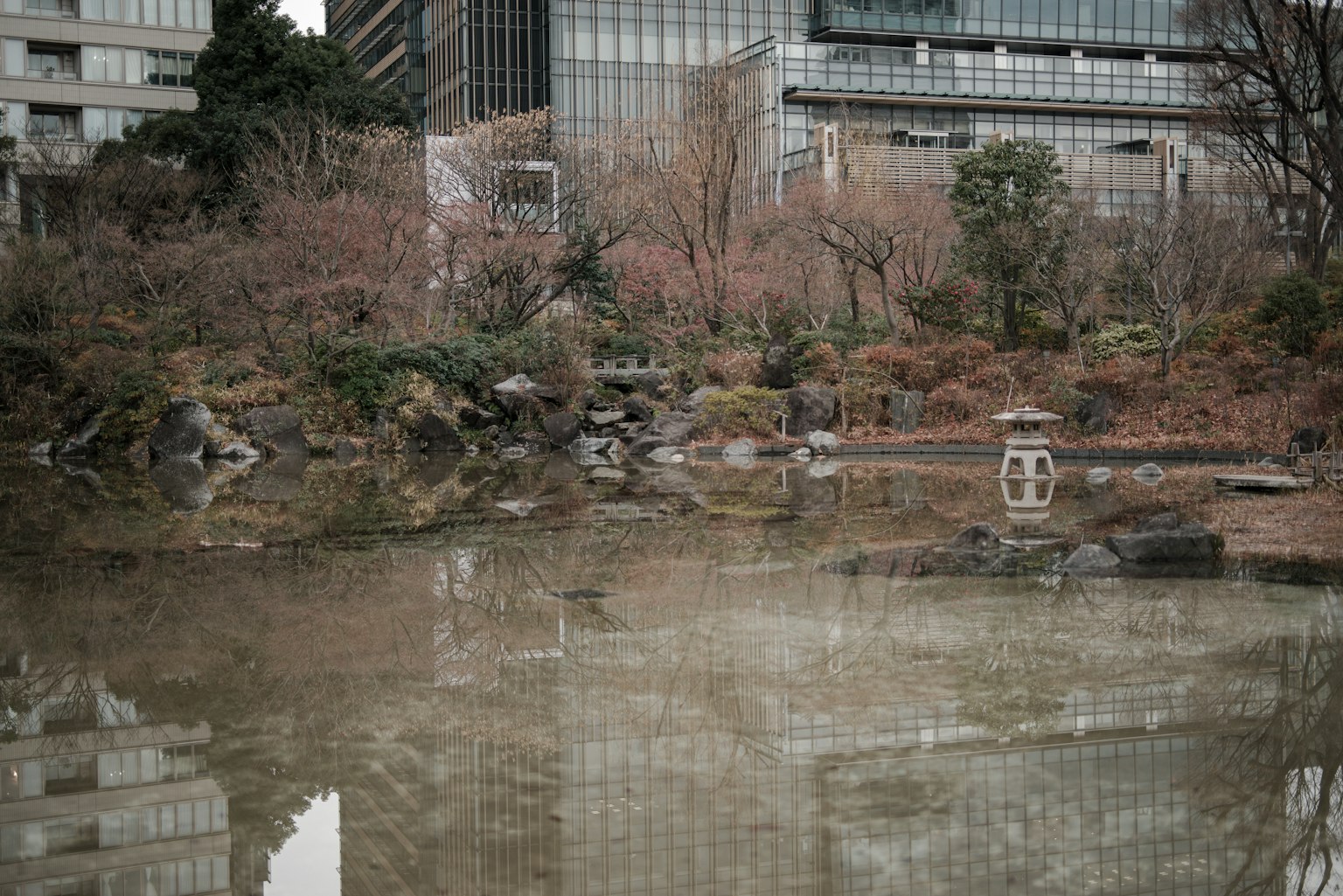 宁静的日本庭园池塘与石灯笼环绕在城市景观中