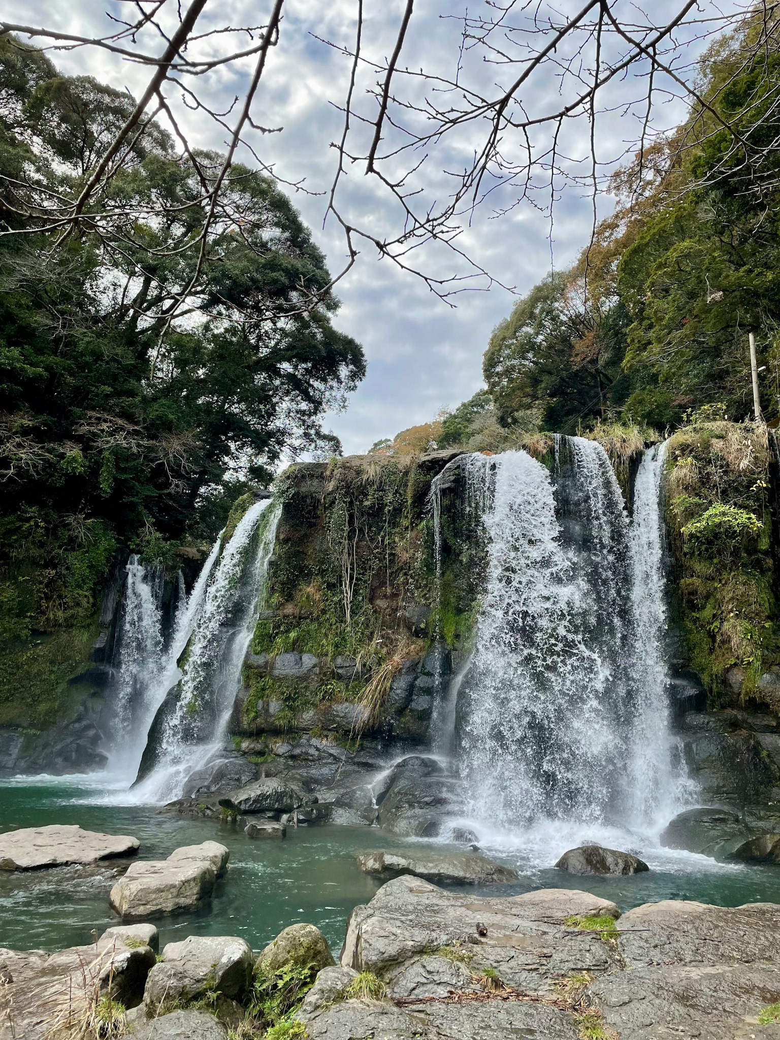 Sebuah air terjun yang indah dikelilingi oleh pepohonan hijau yang rimbun