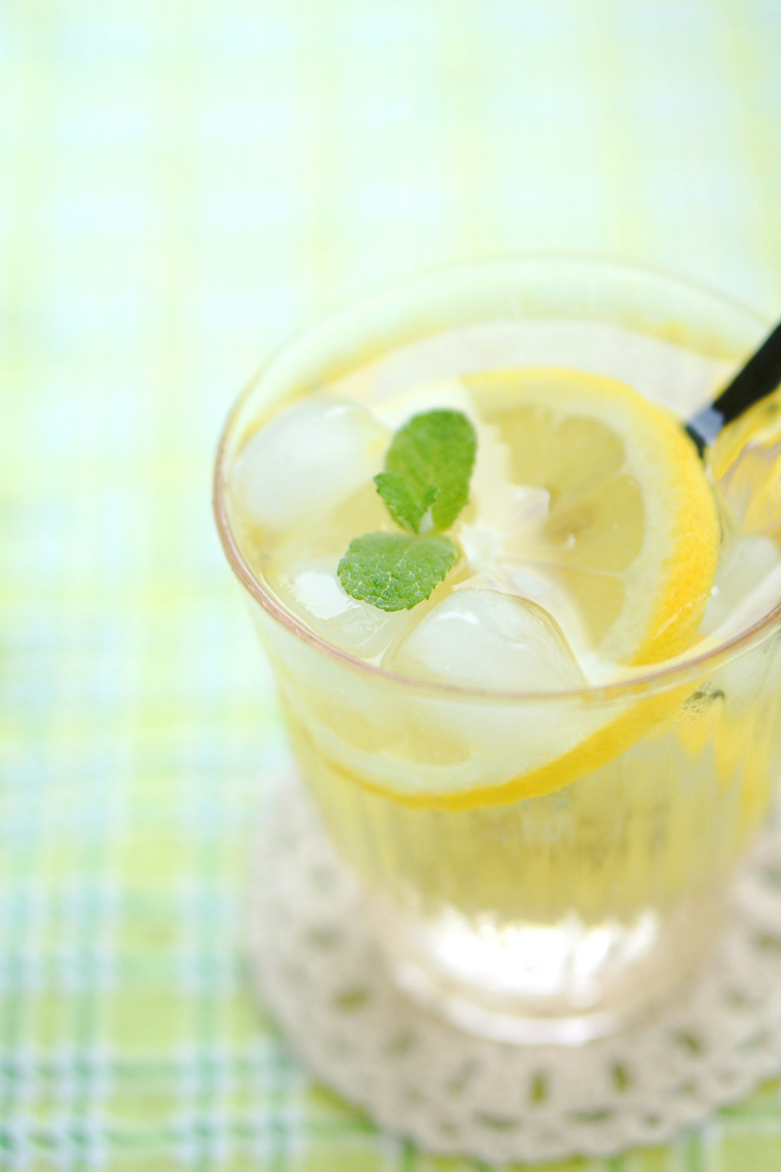 Clear drink with ice and lemon slices garnished with mint leaves