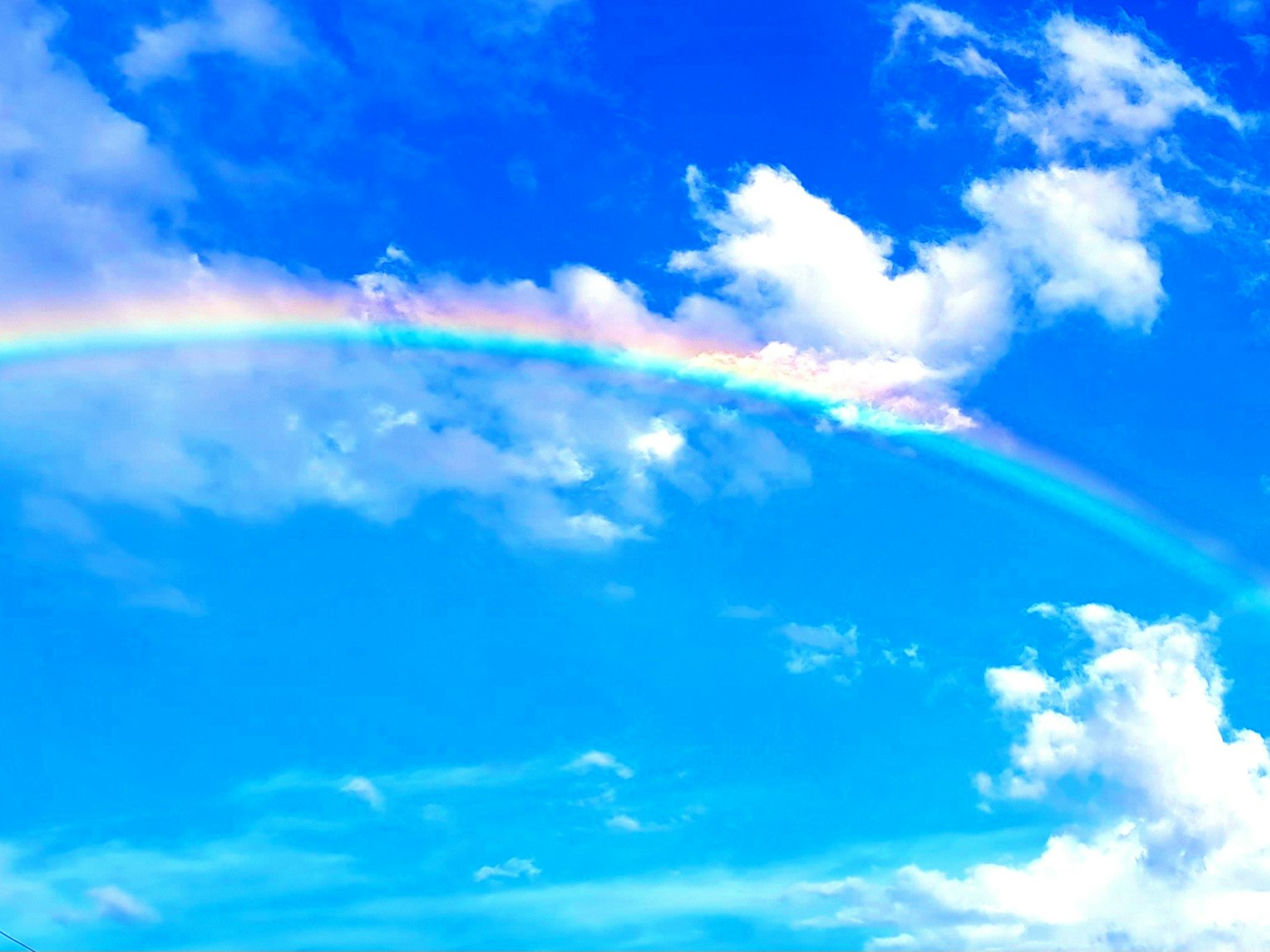 A rainbow arching across a bright blue sky with fluffy white clouds