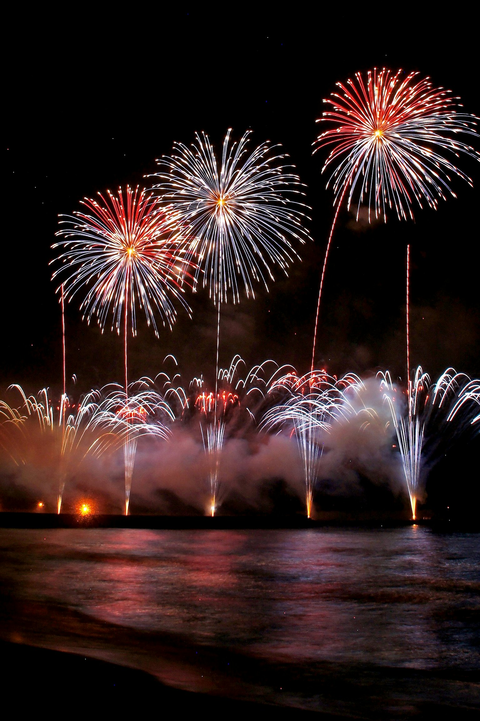 Bella scena di fuochi d'artificio che illuminano il cielo notturno sopra la spiaggia