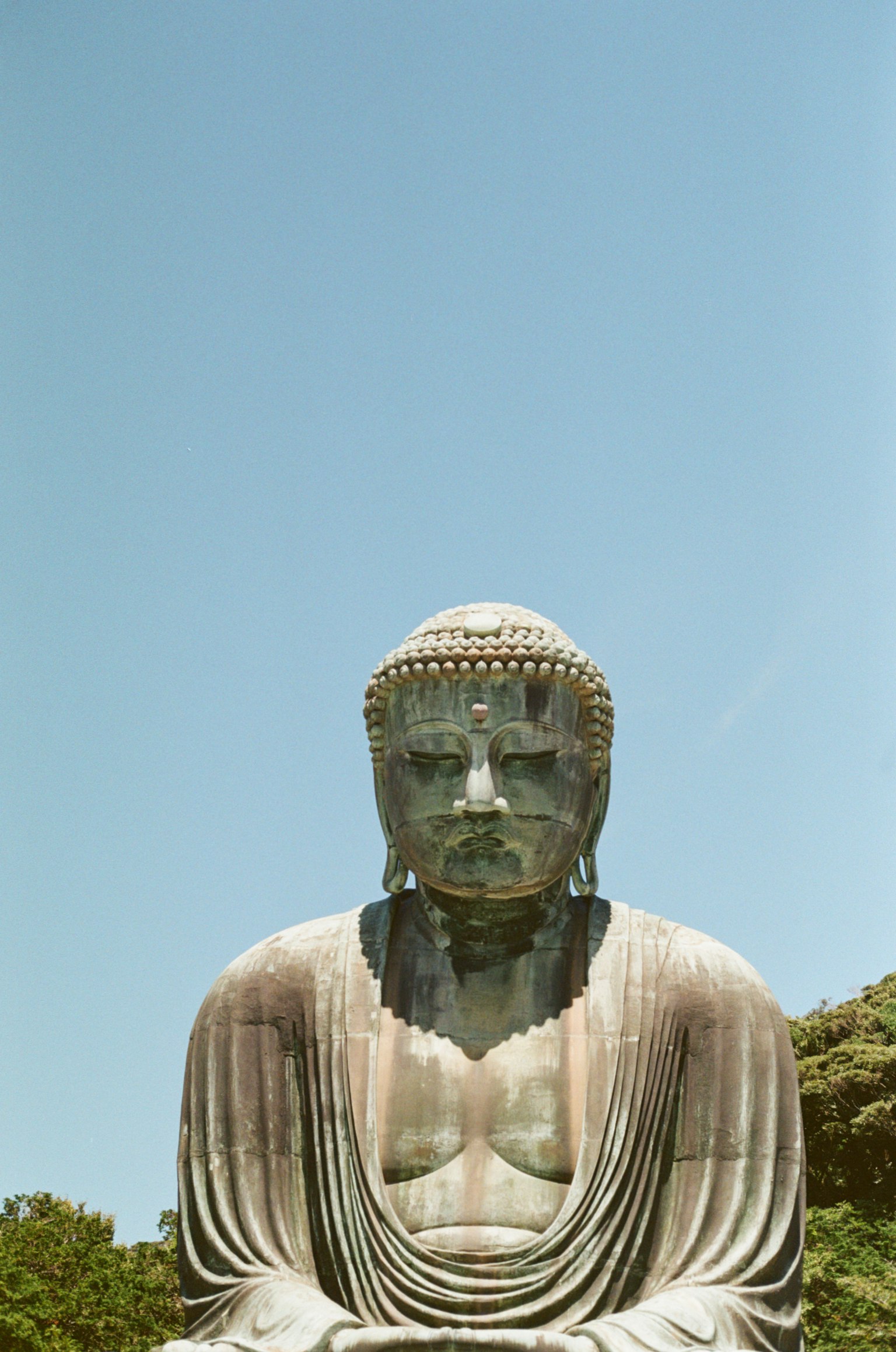 Grande statua di Buddha in bronzo seduta sotto un cielo blu chiaro con espressione facciale dettagliata e vesti drappeggiate