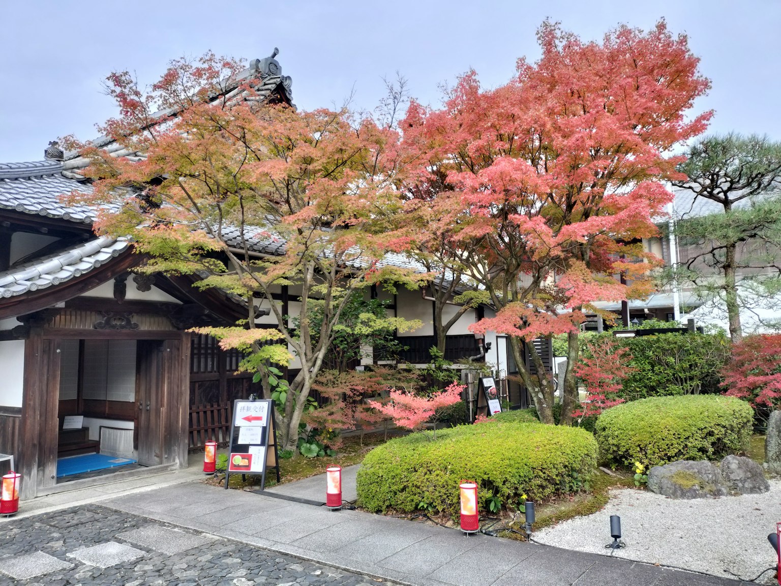A scenic garden featuring vibrant autumn foliage and a traditional Japanese building