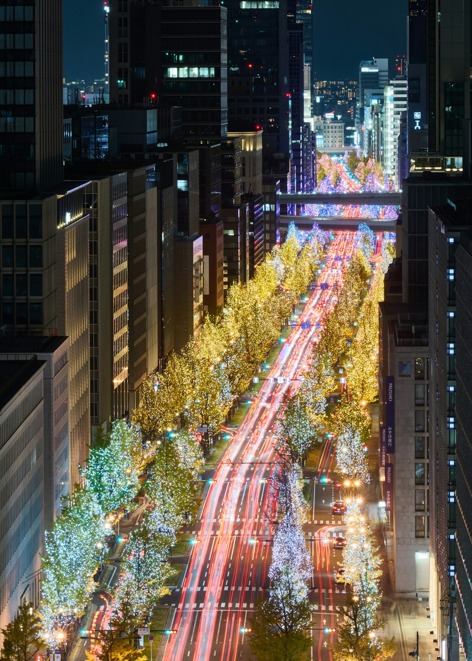 Ville illuminée la nuit avec des arbres éclairés et des traces de lumière des véhicules