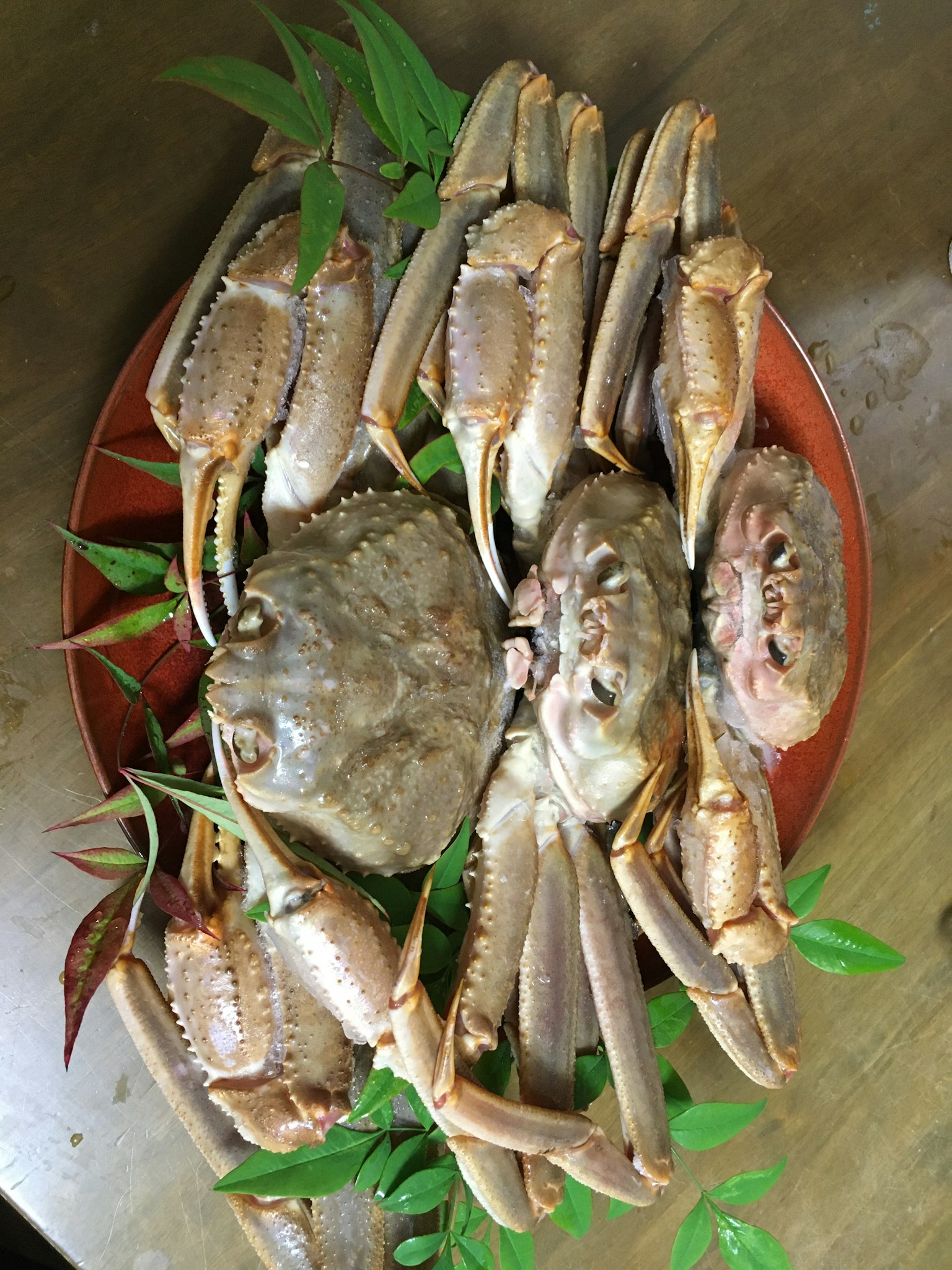 Crabes frais disposés sur une assiette avec des feuilles vertes