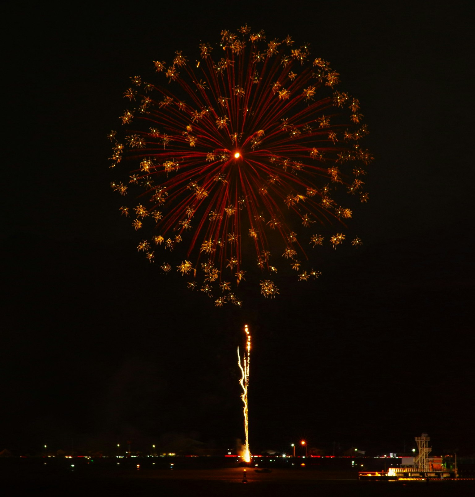 A large firework bursting in the night sky with city lights below