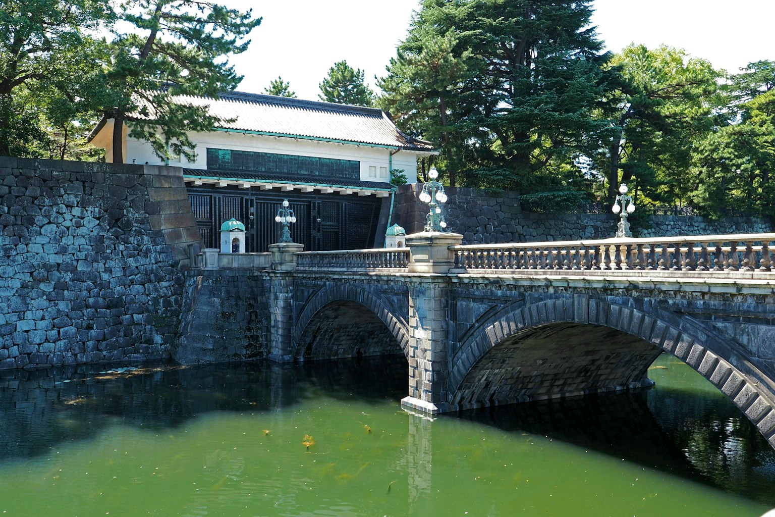 Stone bridge over a tranquil pond with lush greenery
