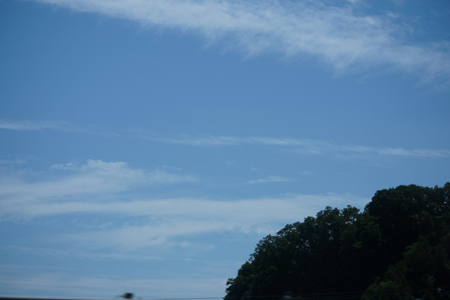 Part of a blue sky with white clouds and green trees