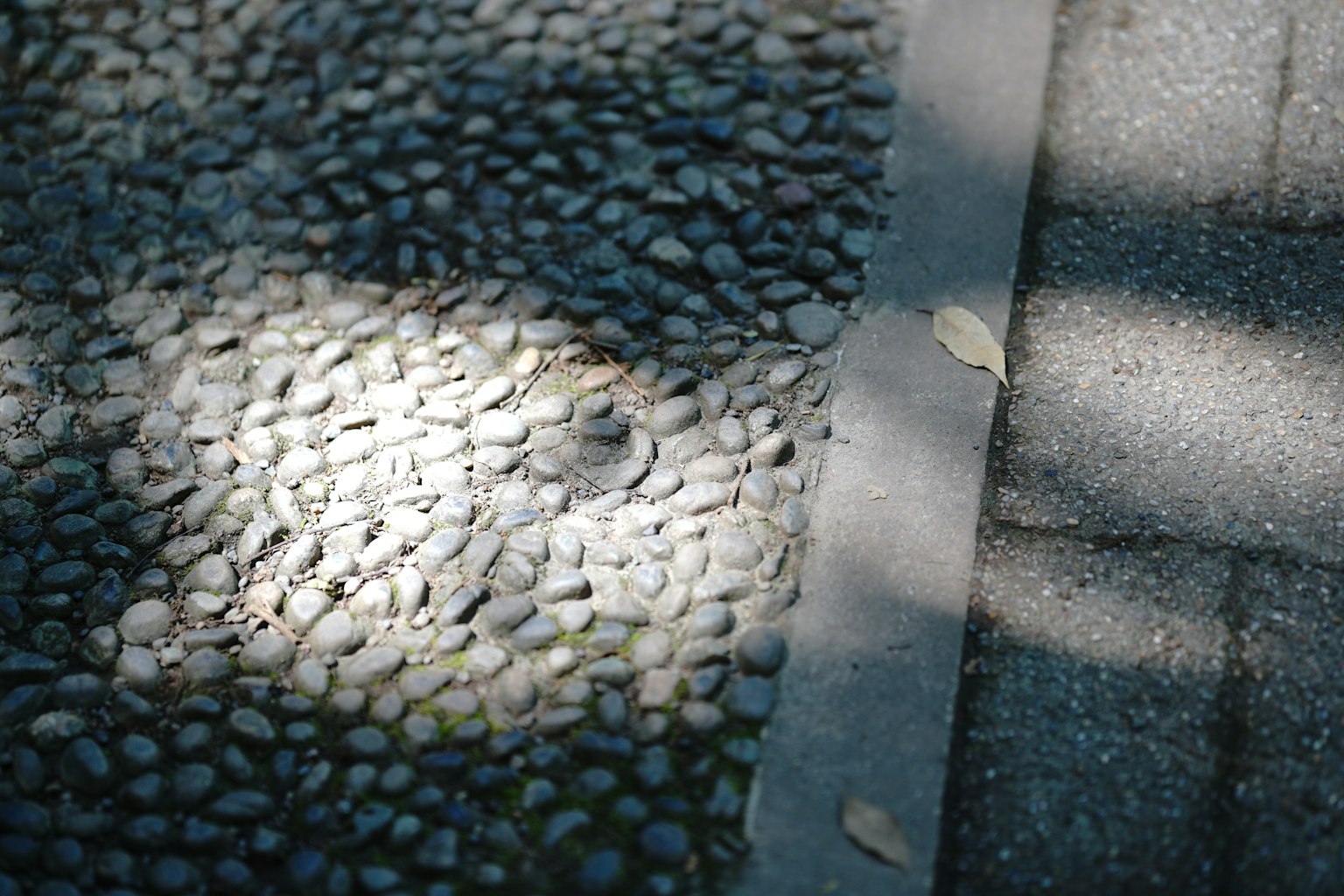 Contrast of light and shadow on a pebble pathway