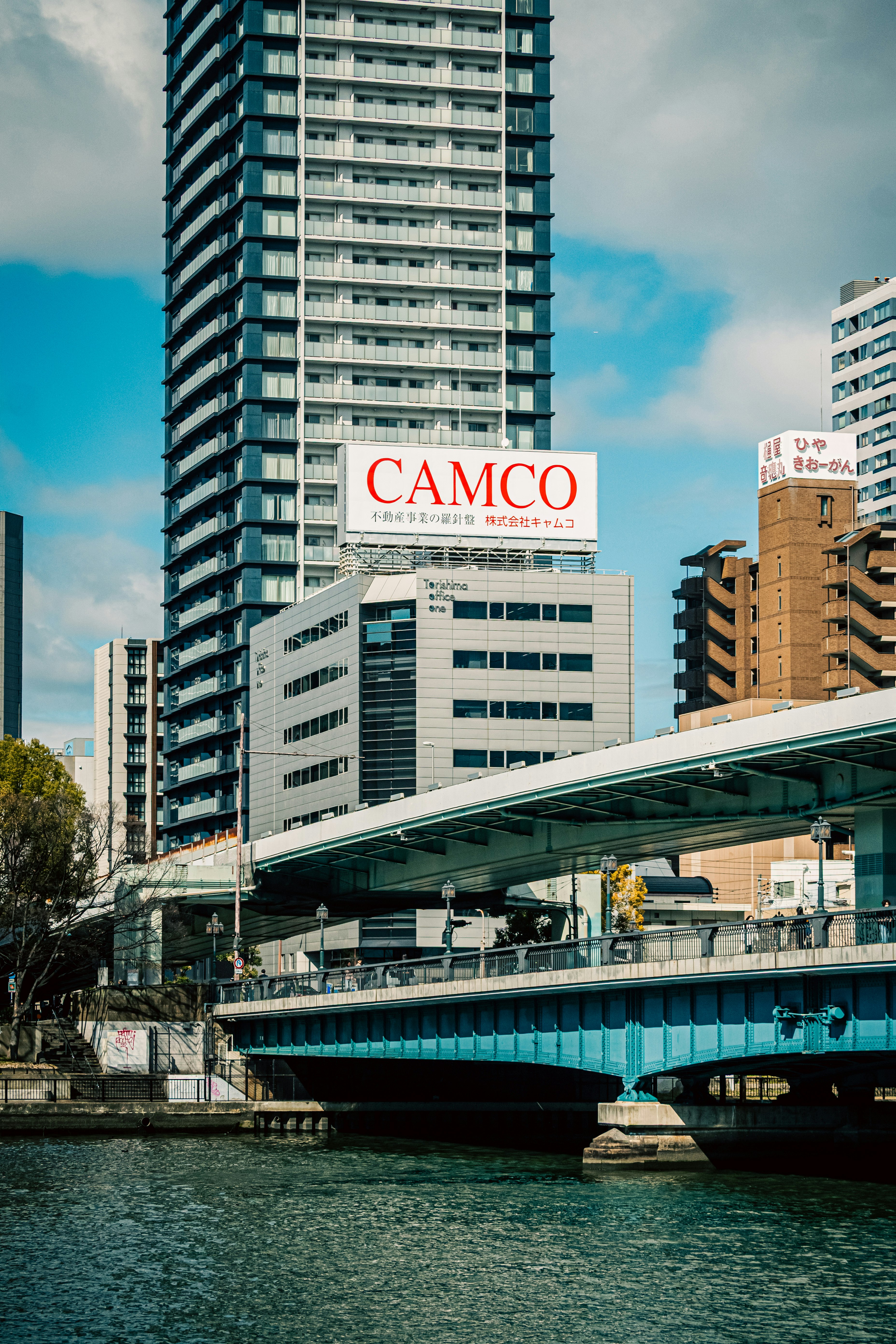 川沿いの高層ビルと橋のある都市風景