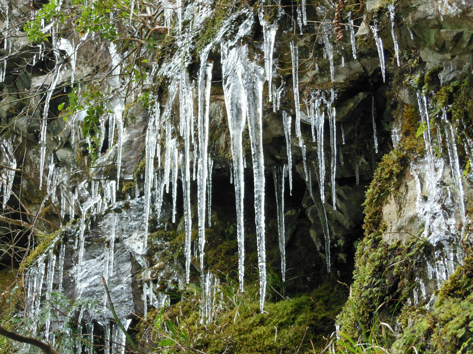 Ghiaccioli che pendono da una superficie rocciosa in un ambiente naturale