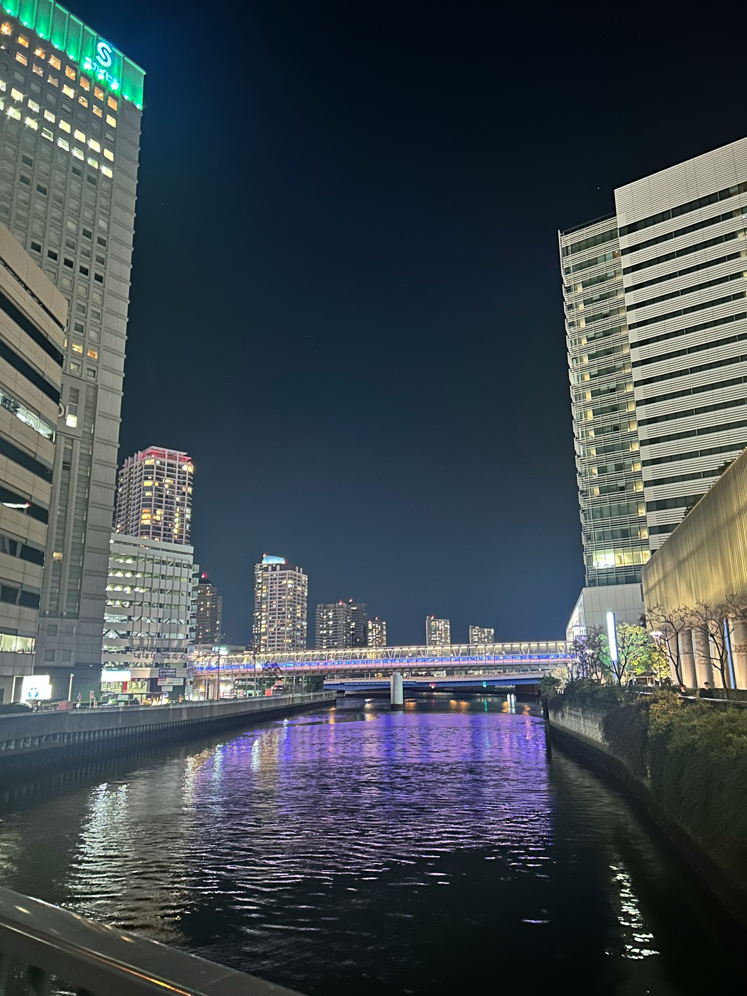 Night urban landscape with a river High-rise buildings and bright lights