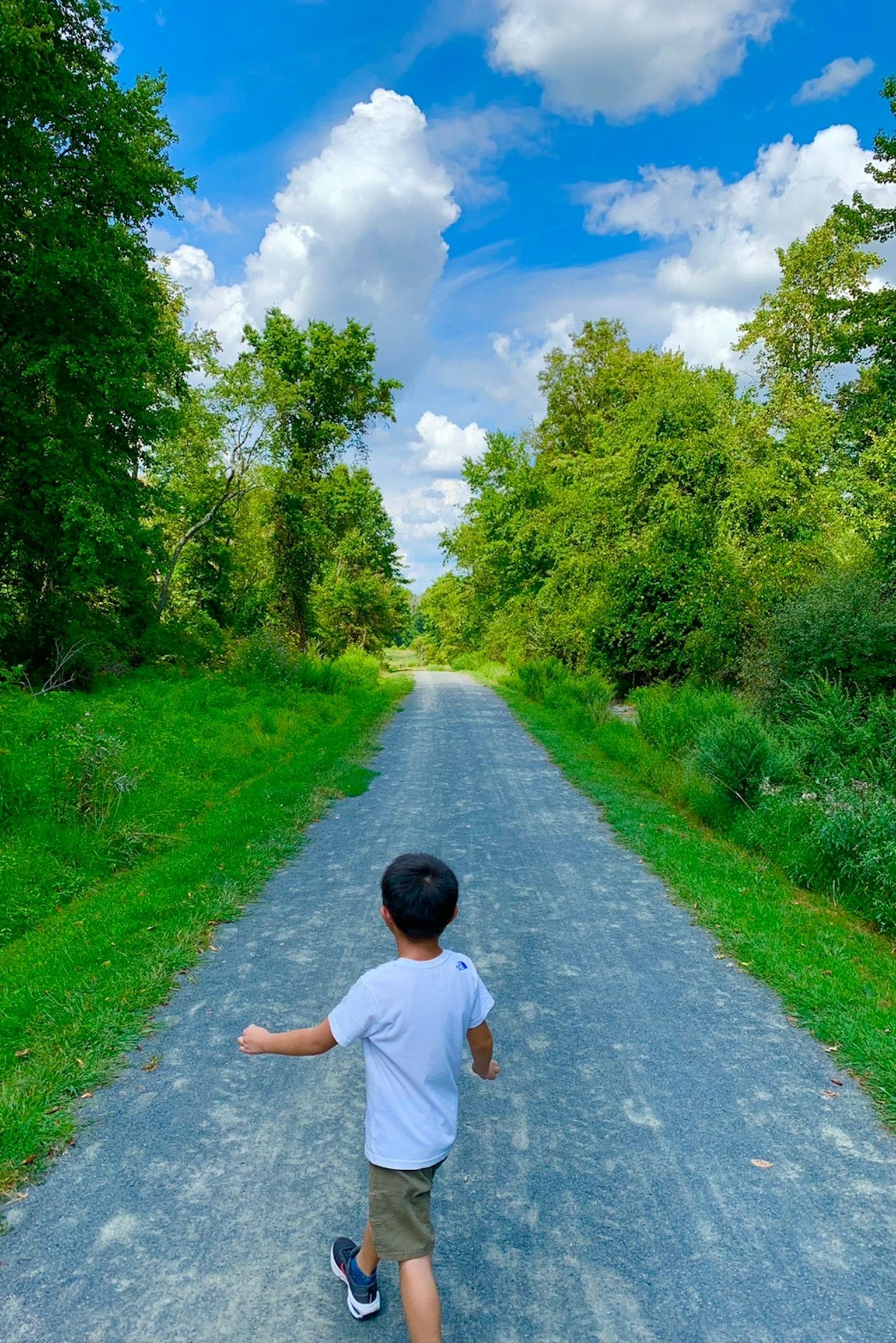 Một đứa trẻ đi bộ trên con đường có cây xanh bao quanh dưới bầu trời xanh