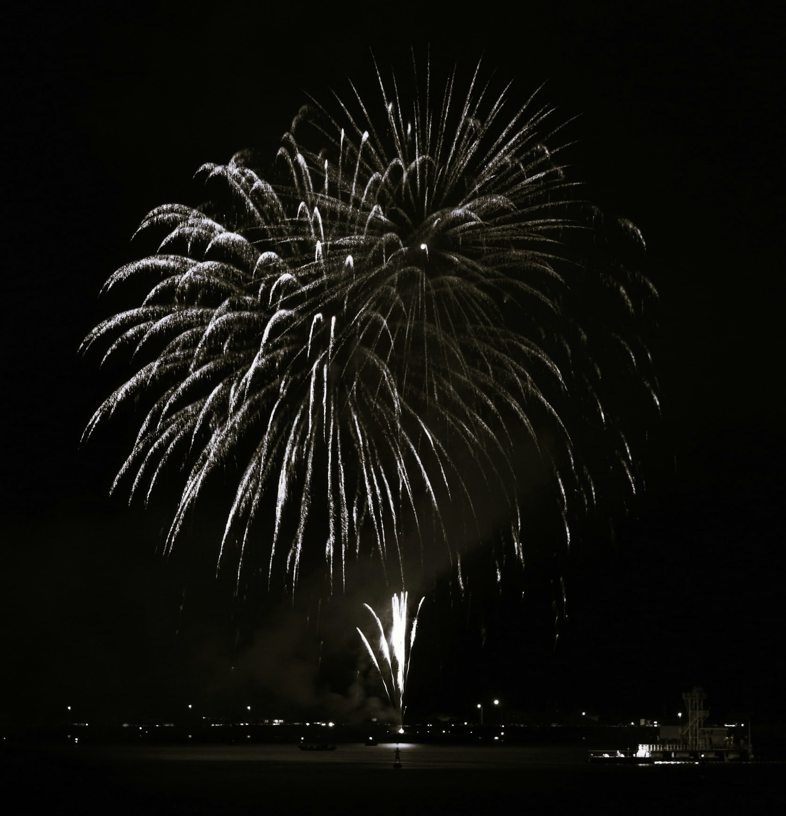 Hermoso espectáculo de fuegos artificiales blancos en el cielo nocturno
