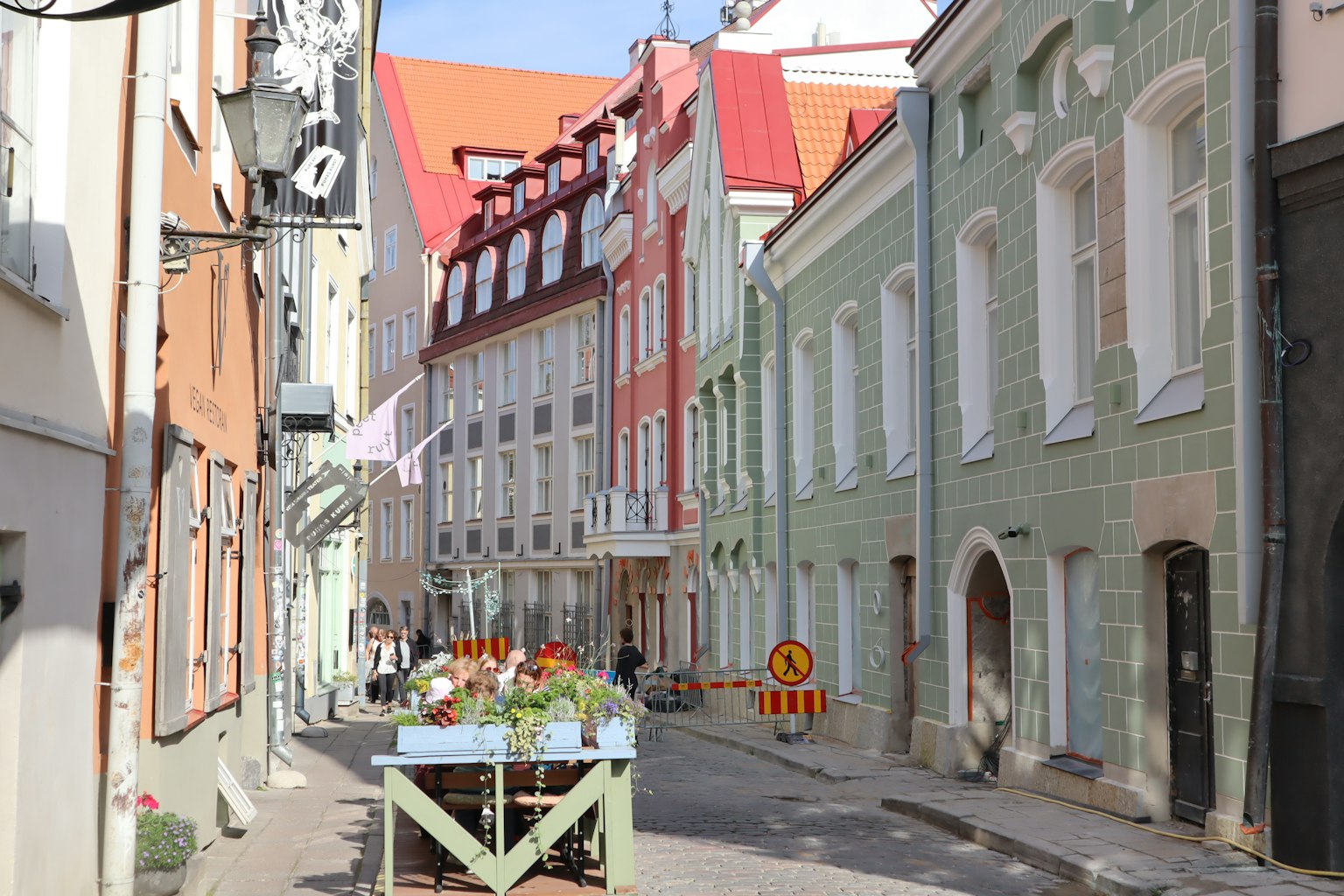 Colorful buildings lining a street in Tallinn