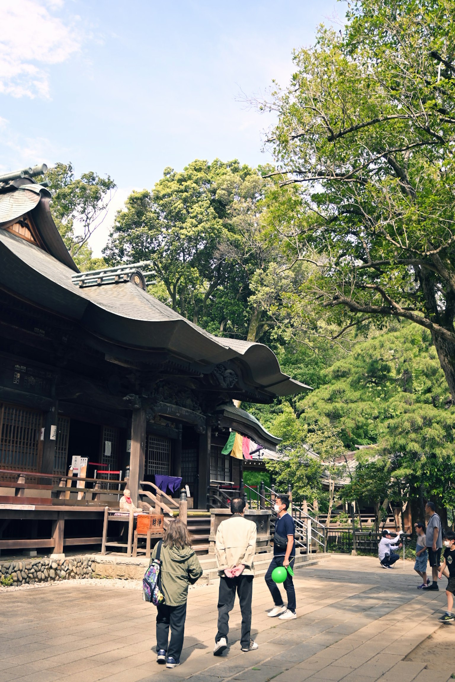 People walking in a lush green park with a traditional building