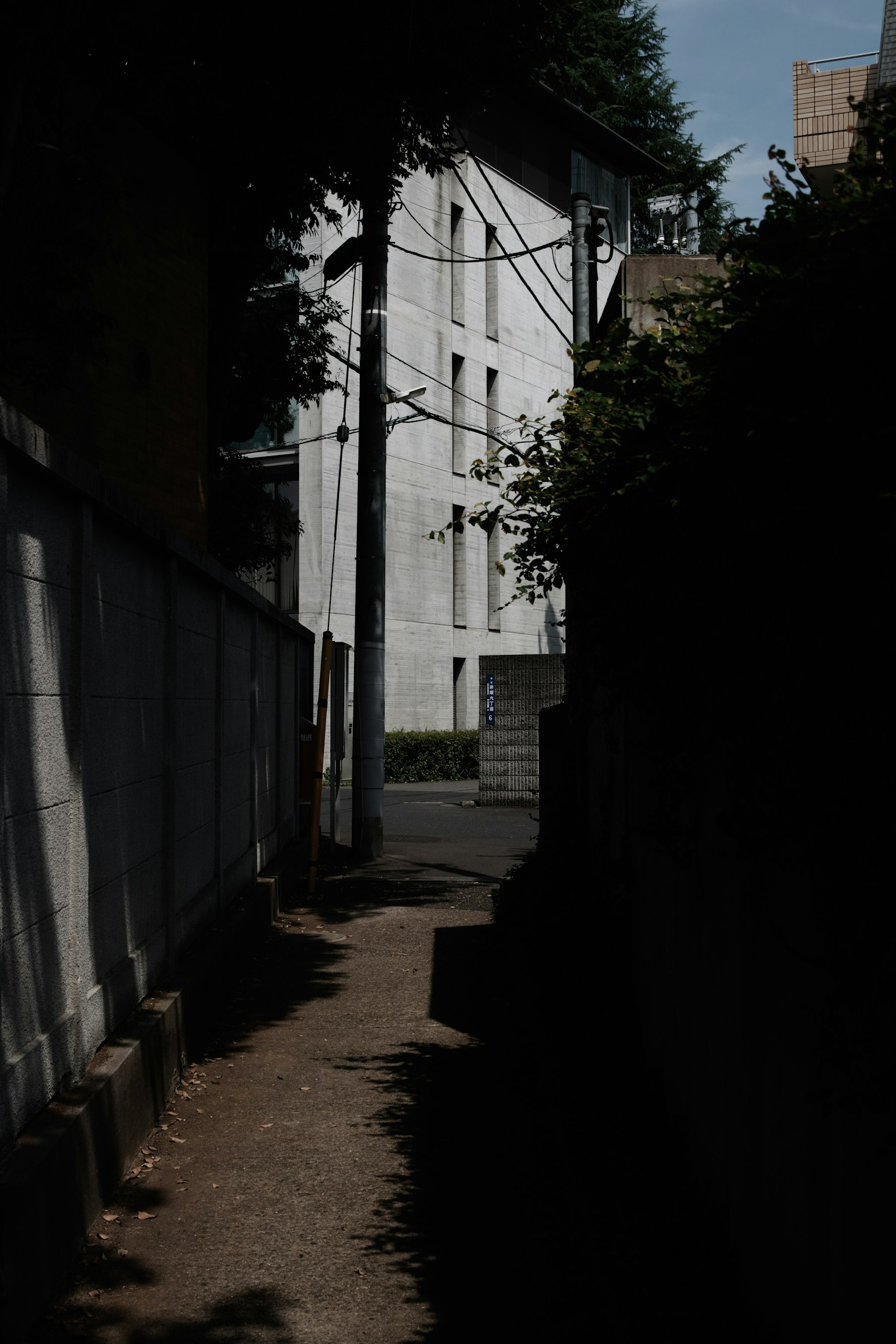 Chemin étroit menant à un bâtiment blanc dans un cadre sombre