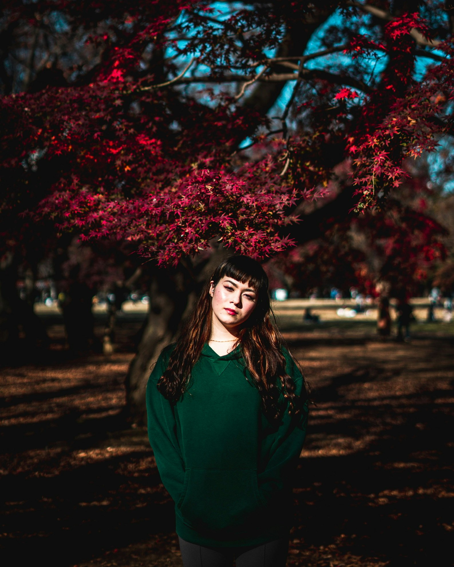 紅葉の木の下で微笑む異国の女性のポートレート