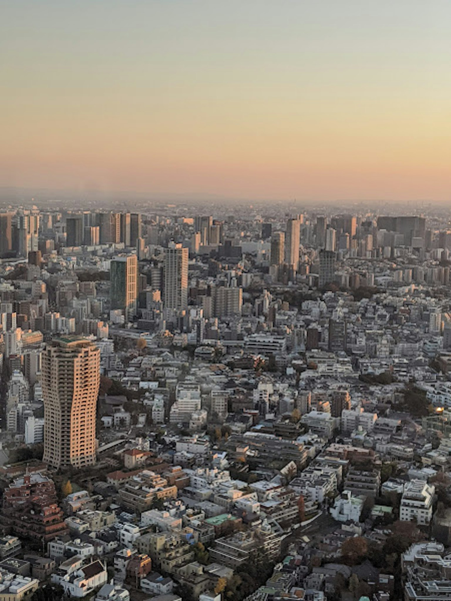 黄昏城市的全景，高楼大厦和住宅区