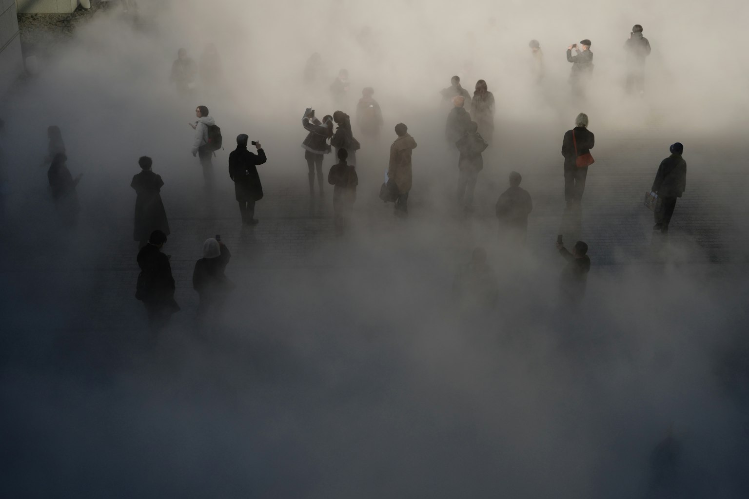 Silhouettes de personnes dans un environnement brumeux
