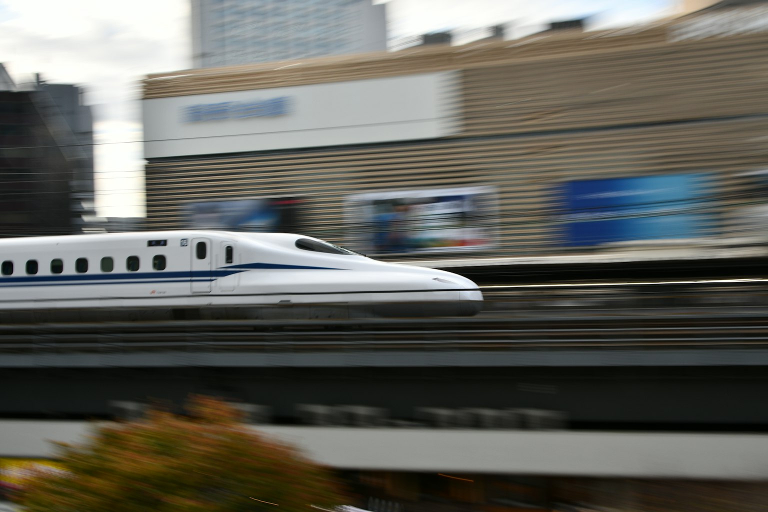 Shinkansen-Zug, der in Bewegung auf erhöhten Gleisen festgehalten wird