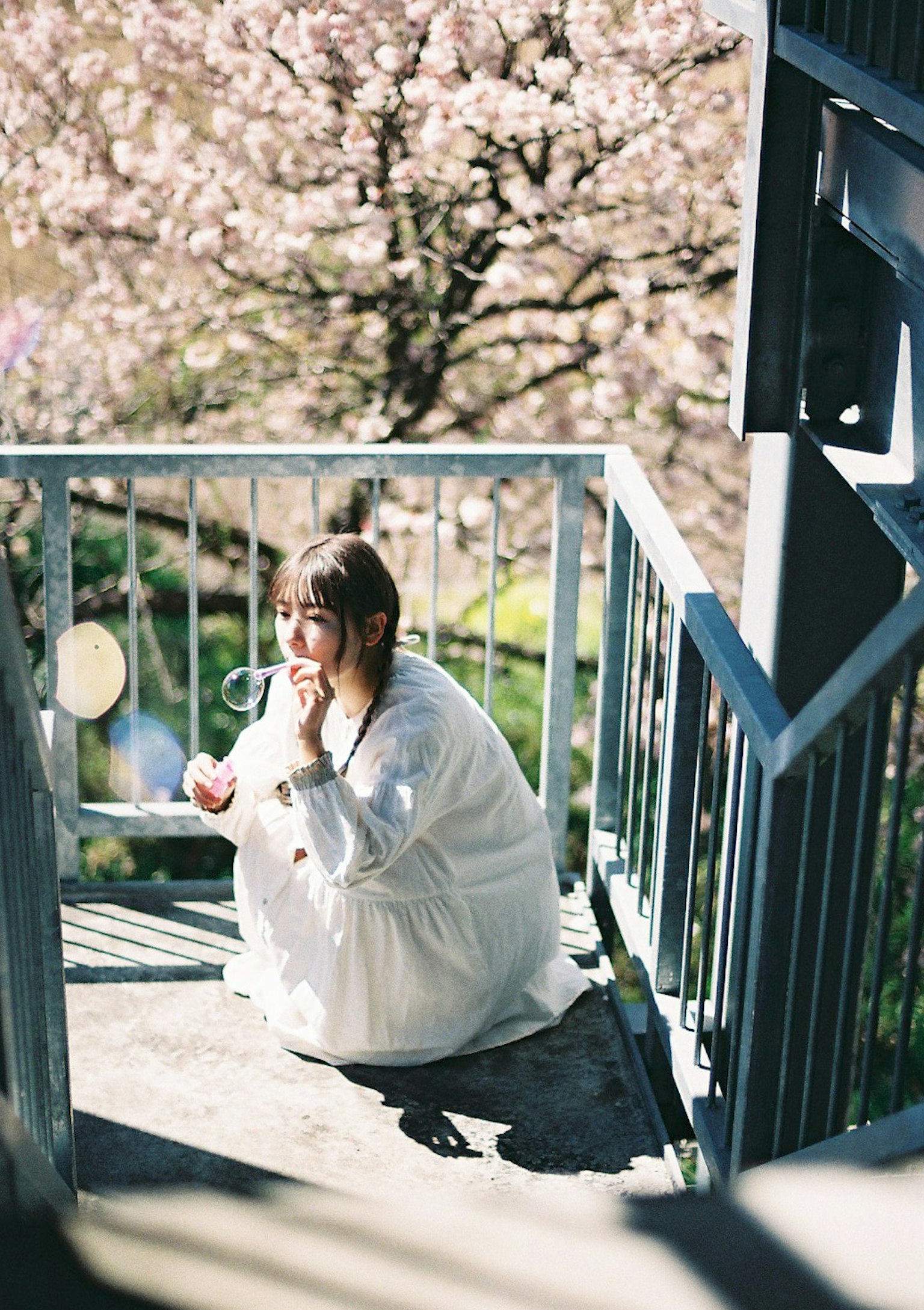 Femme en blanc assise sur des escaliers arbre en fleurs en arrière-plan