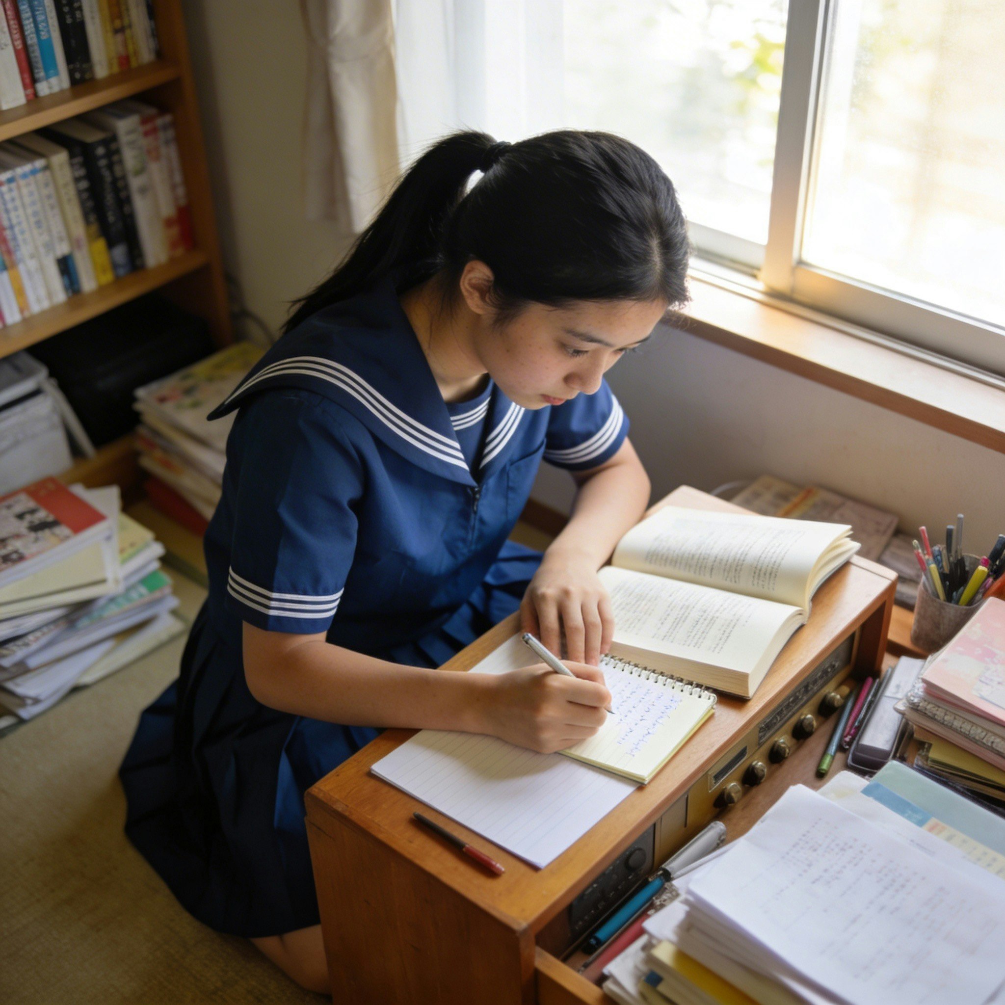 a student studying at a desk writing in a notebook in their room