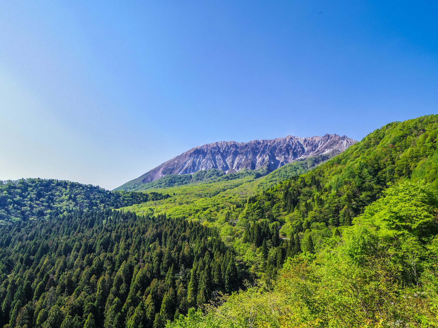 Vue panoramique de montagnes vertes sous un ciel bleu clair