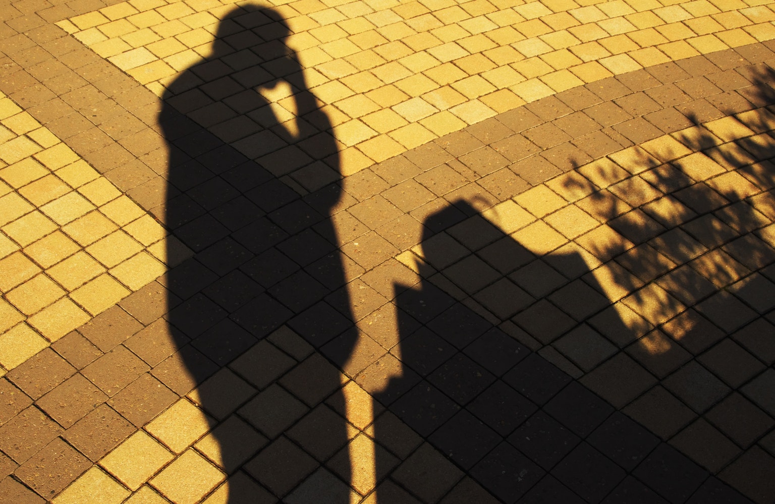 Ombre d'une personne plongée dans ses pensées sur un chemin pavé
