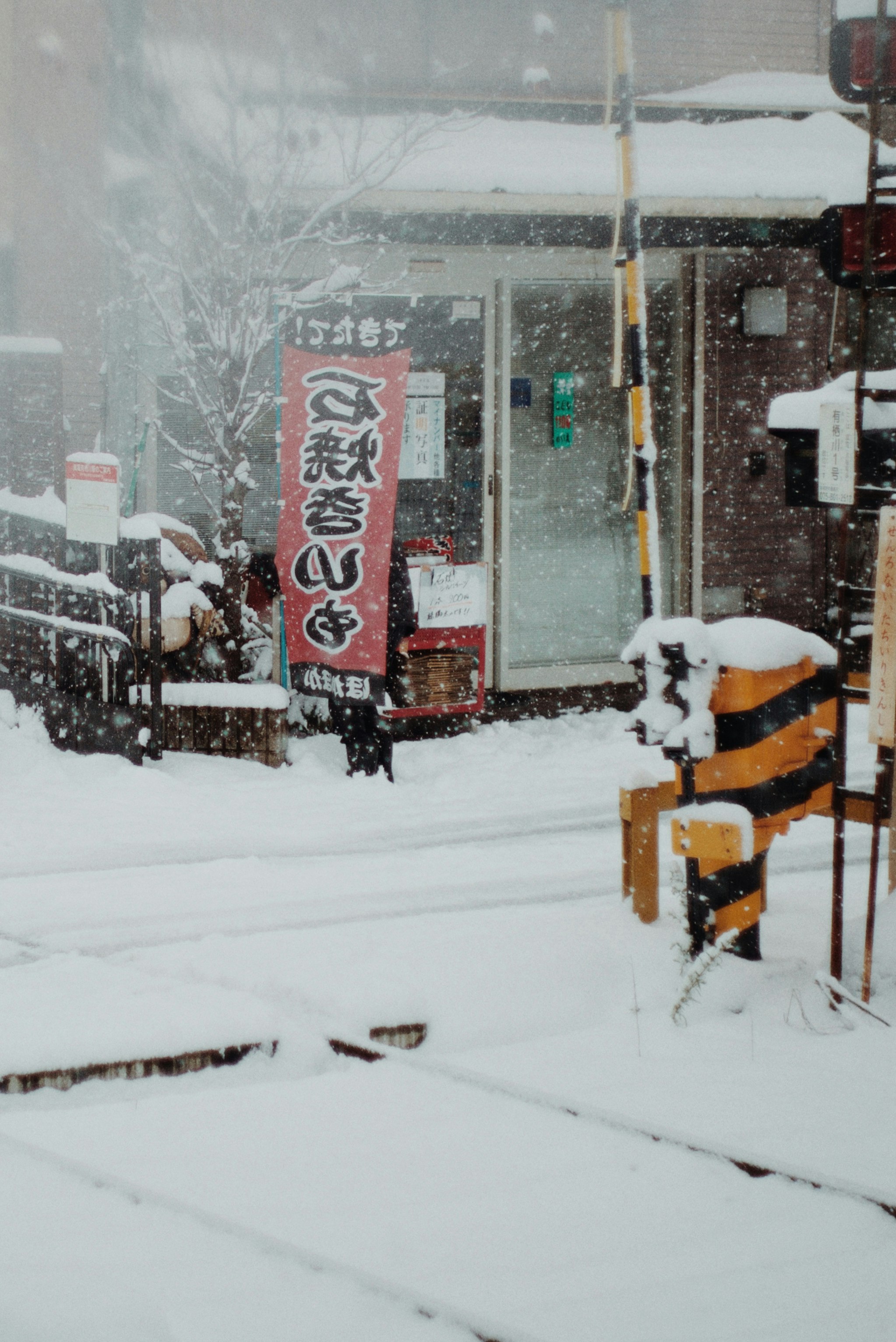 下雪的京都街巷，店铺招牌与路边景象