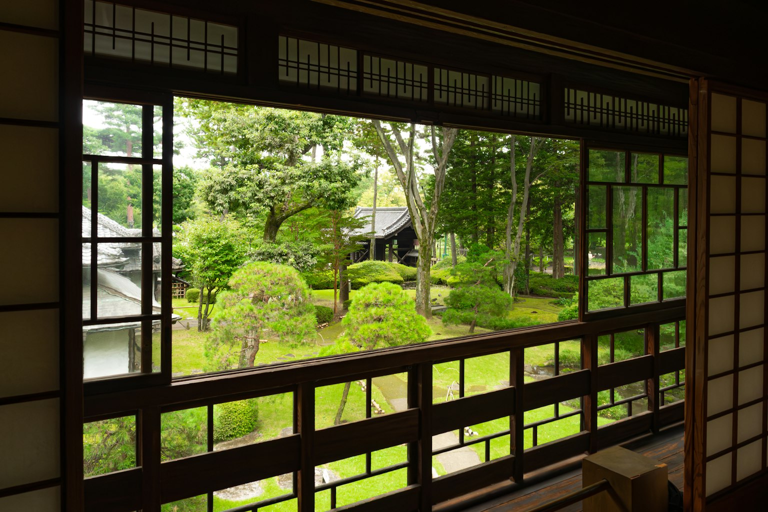 View of a Japanese garden through a window featuring lush greenery and trees