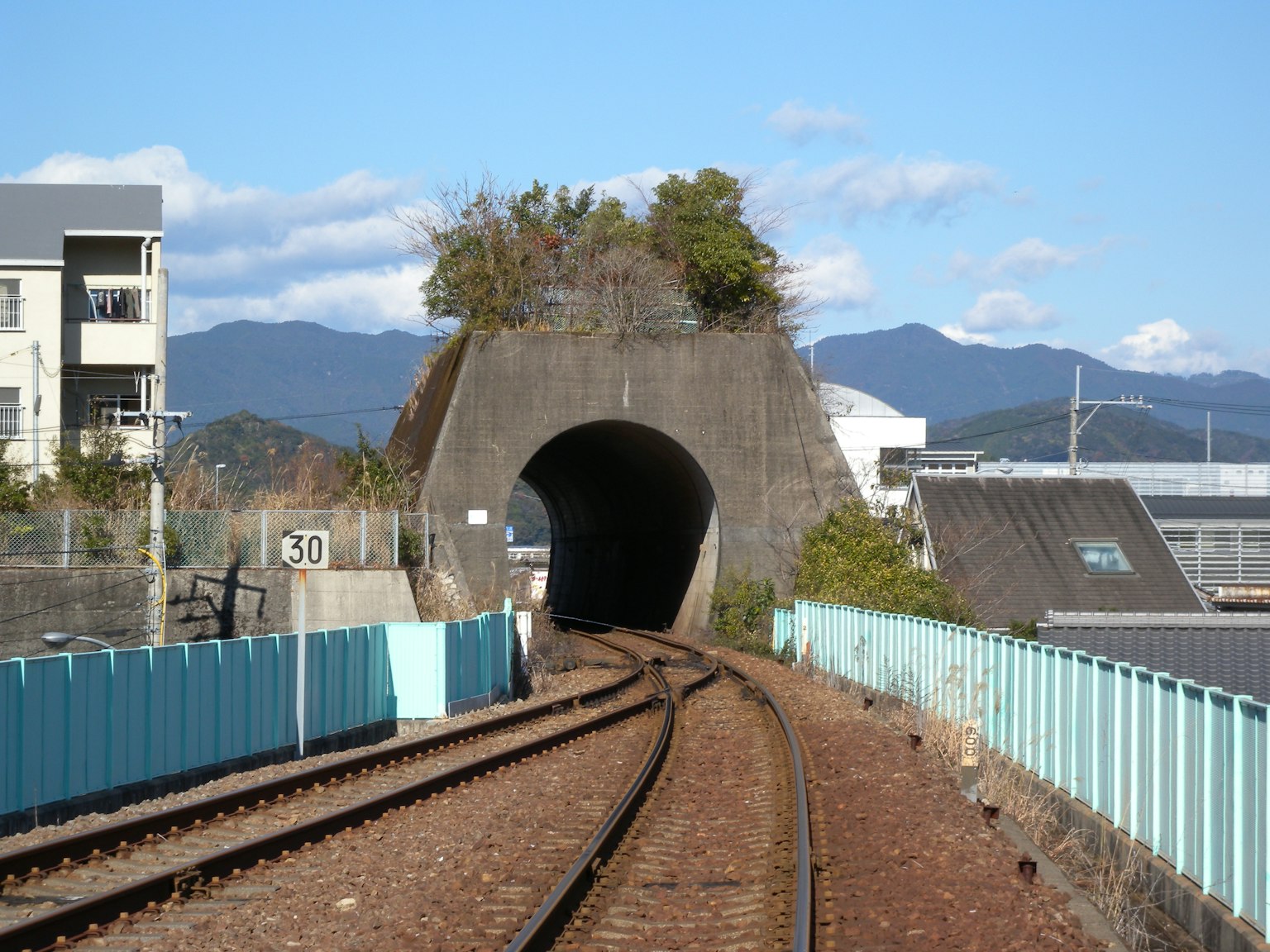 铁路和隧道的风景 隧道顶部的绿色植物 日本风景