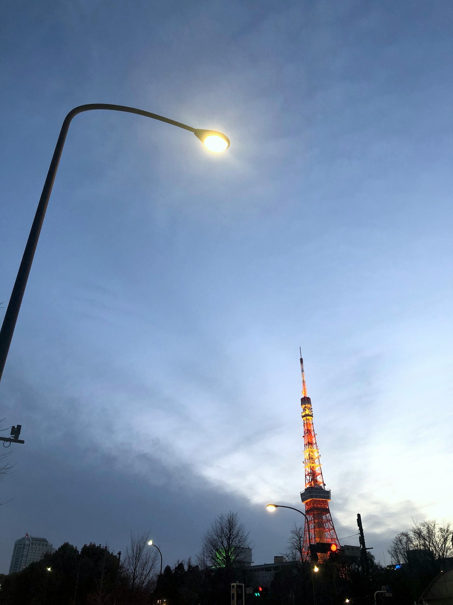 黃昏時分的東京塔與前景的路燈