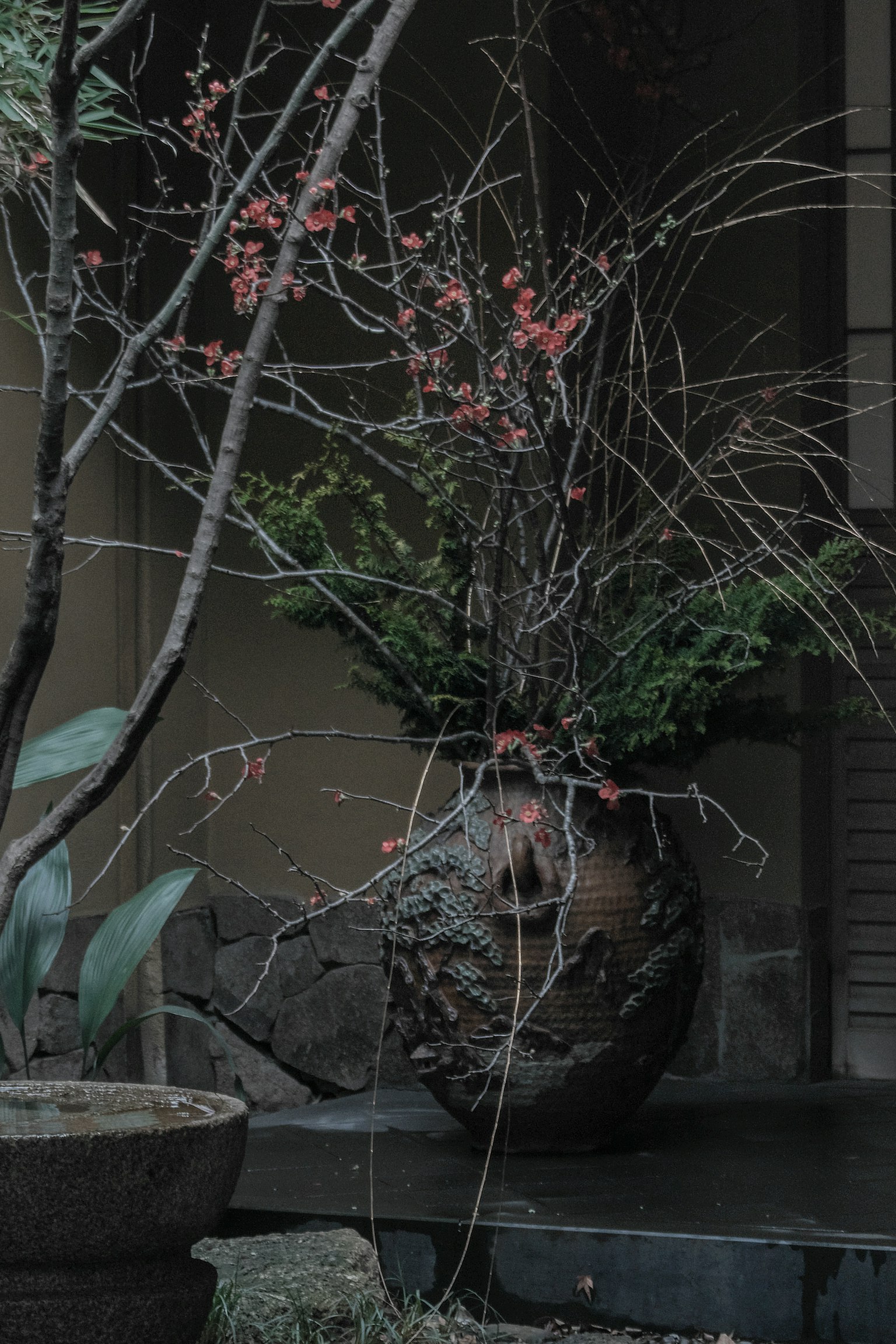 大陶瓷花瓶上有樹枝和紅色漿果