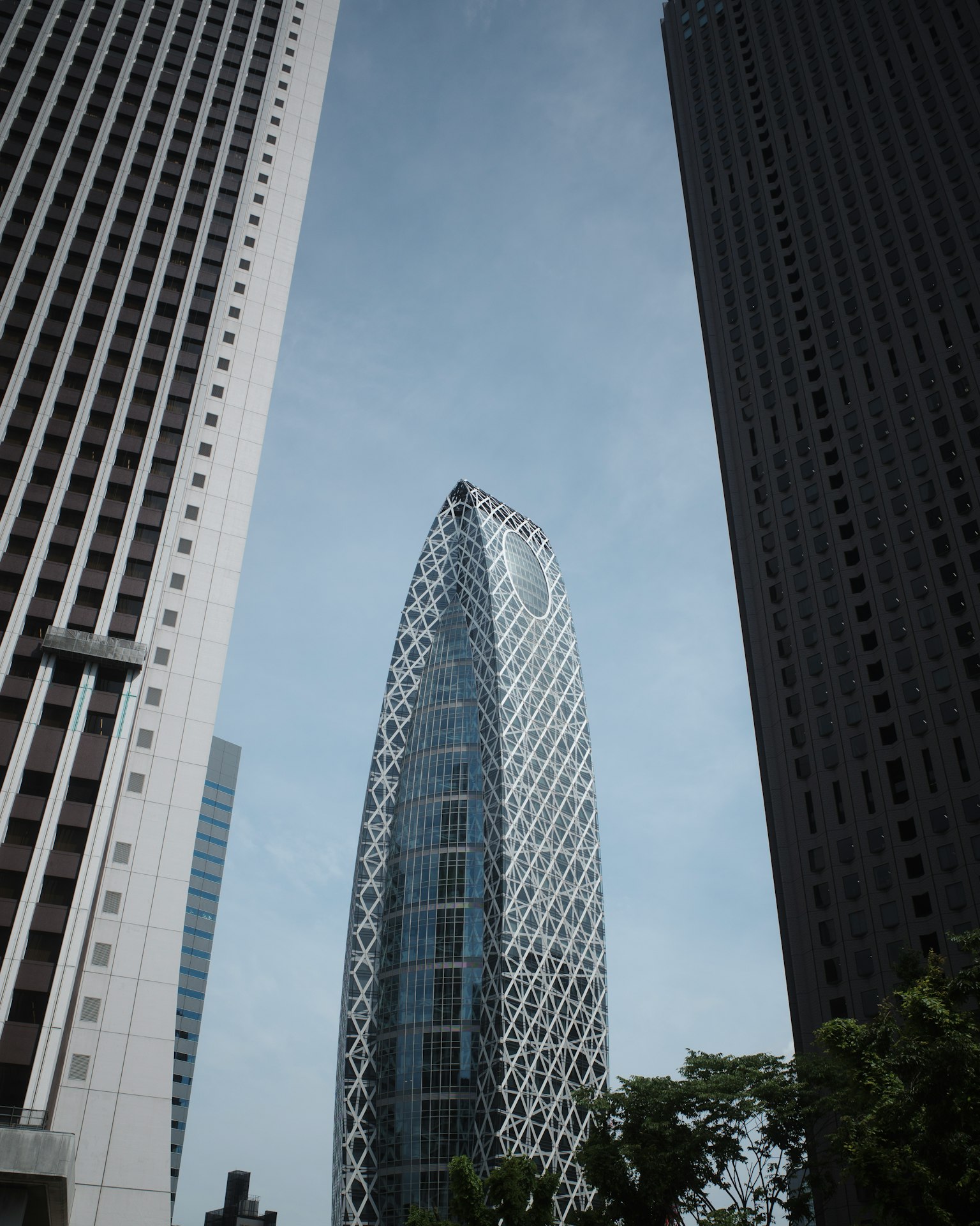 近代的なデザインの高層ビルが他のビルに囲まれている風景