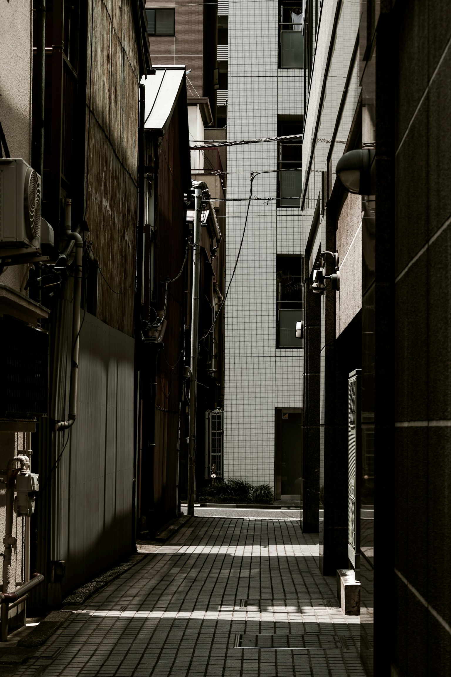 ซอยแคบที่มีผนังอาคารและพื้นไม้