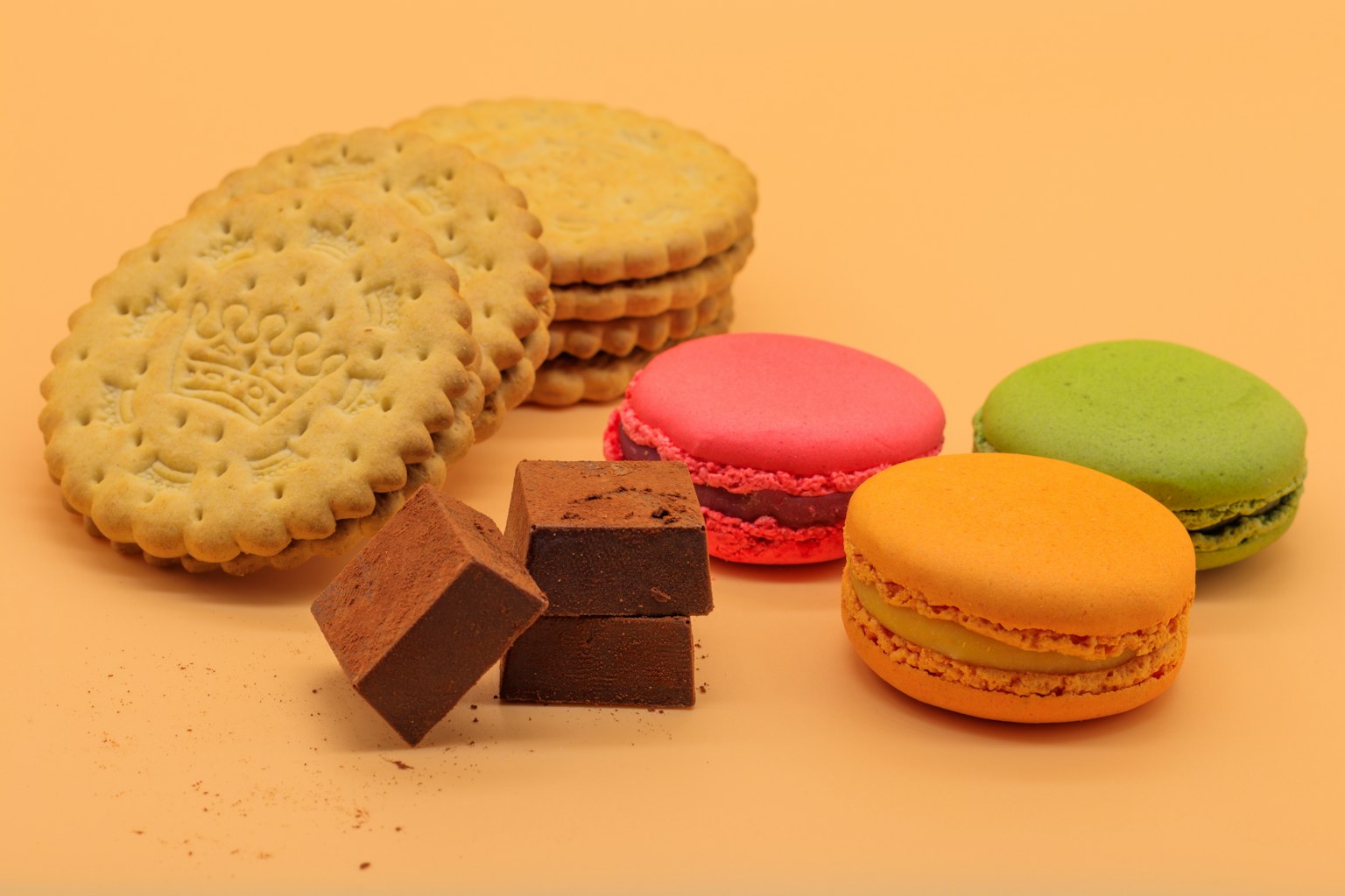 Bunte Macarons und Schokoladenwürfel auf einem orangefarbenen Hintergrund angeordnet