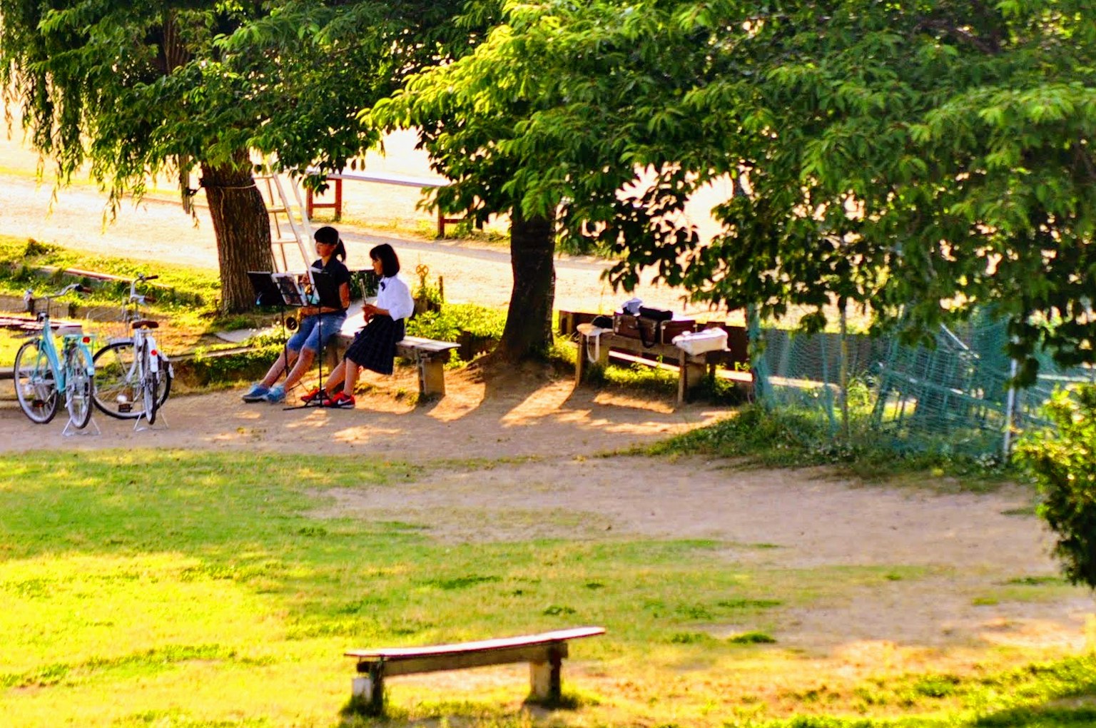公園裡兩位年輕人坐在長椅上，旁邊有自行車