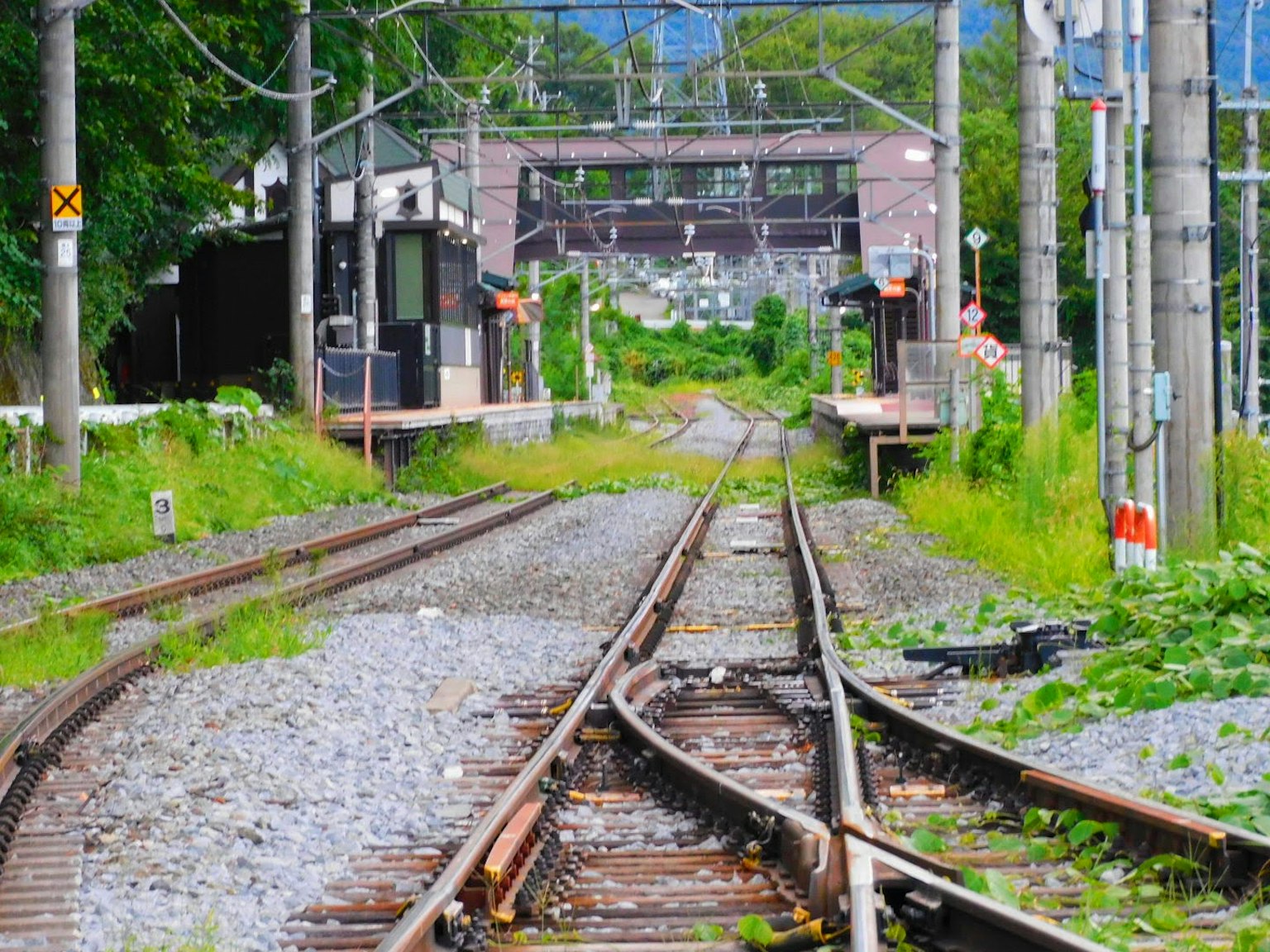 Jonction ferroviaire avec un bâtiment de gare dans un environnement verdoyant