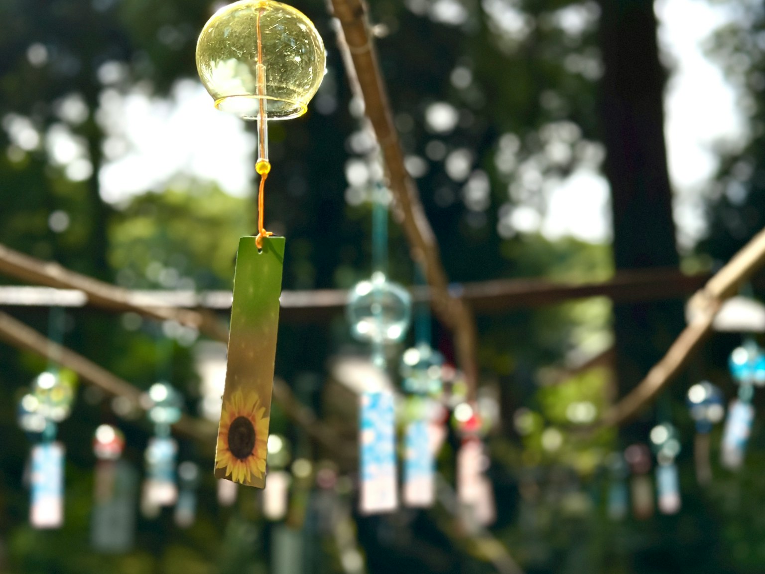 Glass wind chime hanging from a bamboo structure surrounded by greenery