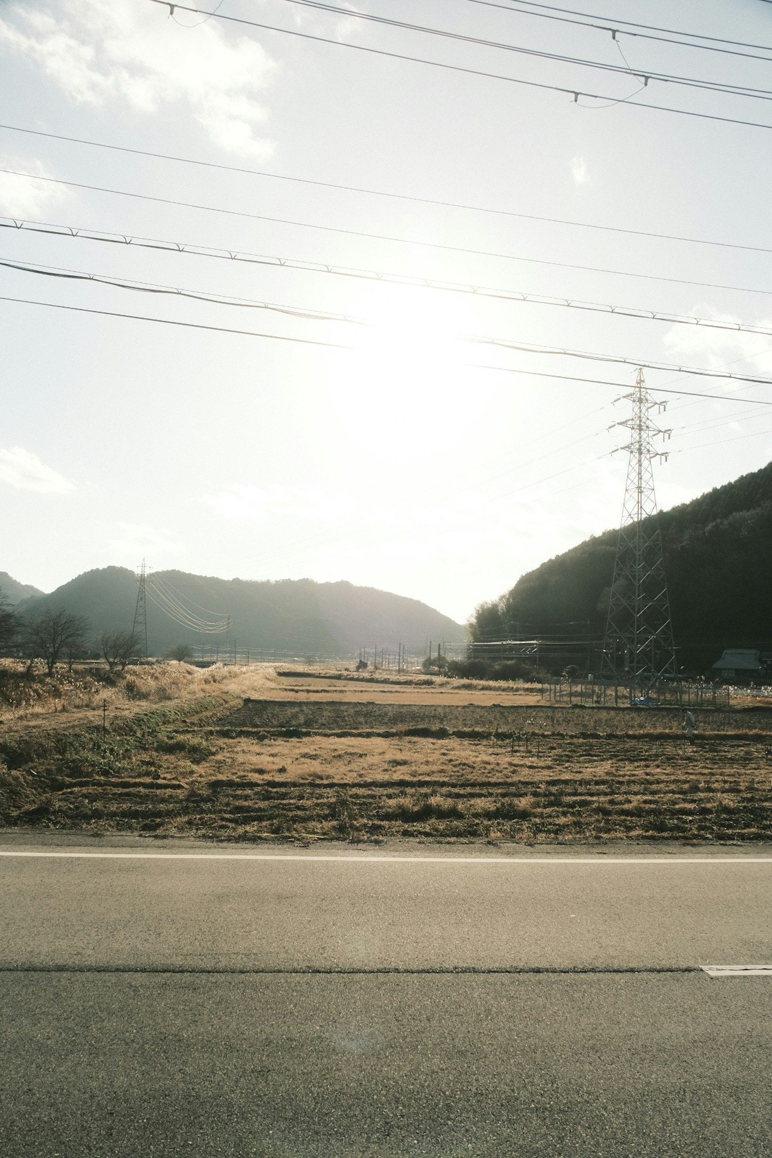 Terreno abierto con montañas al fondo y luz solar