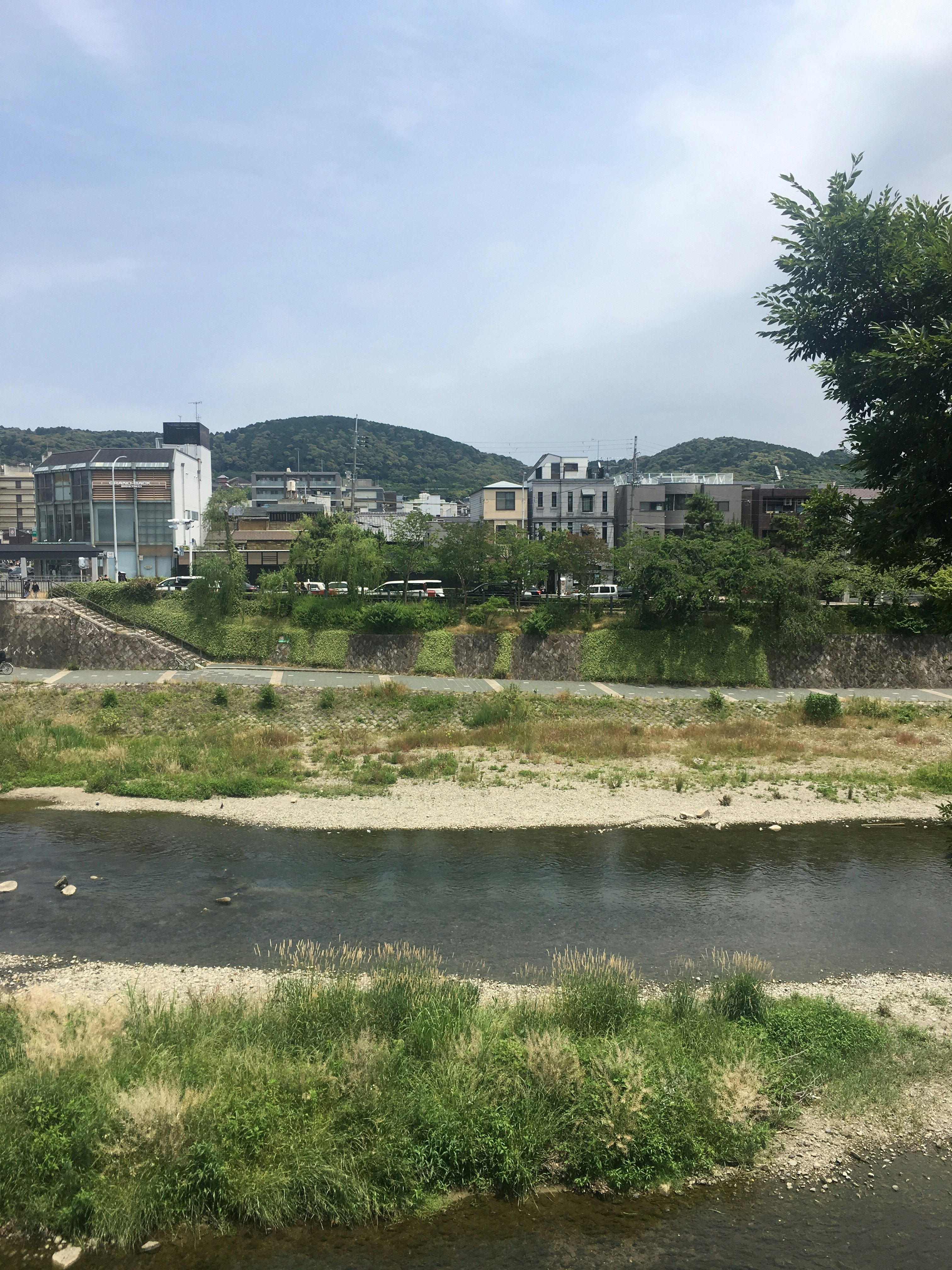 berge herbeuse au bord d’une rivière, quartier résidentiel et collines au loin