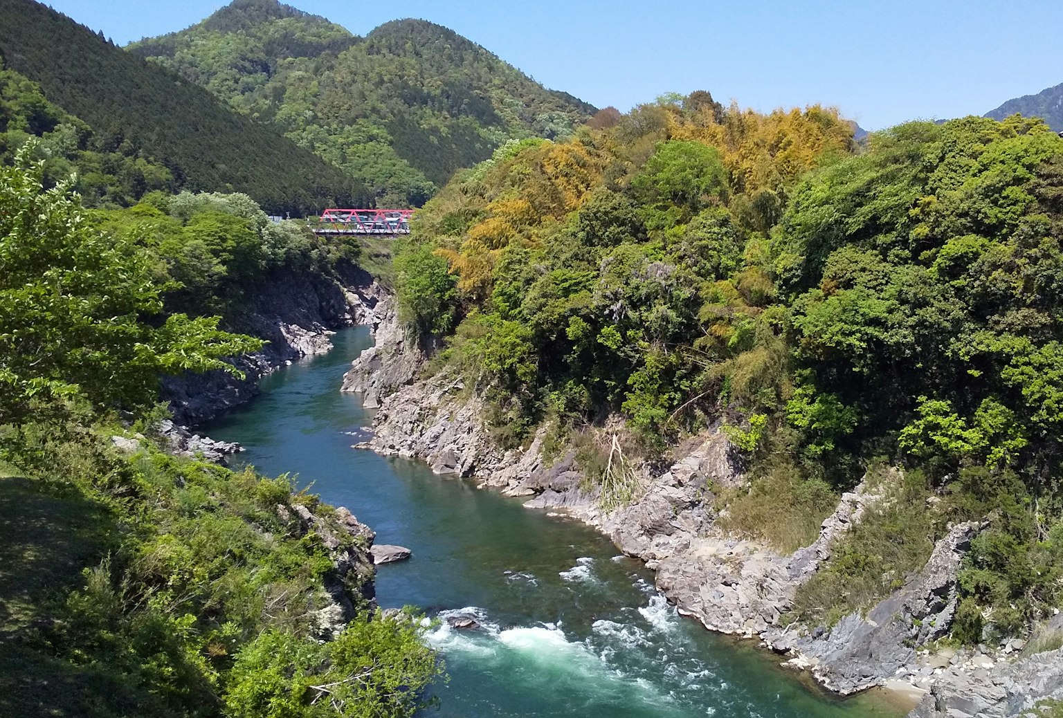 Scenic river surrounded by lush greenery and mountains