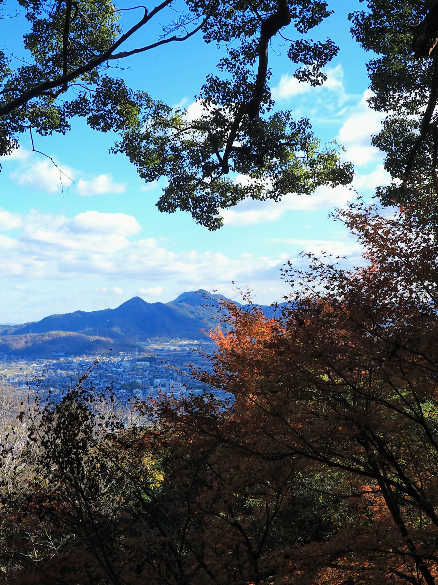 Scenic view of mountains with blue sky and clouds framed by trees