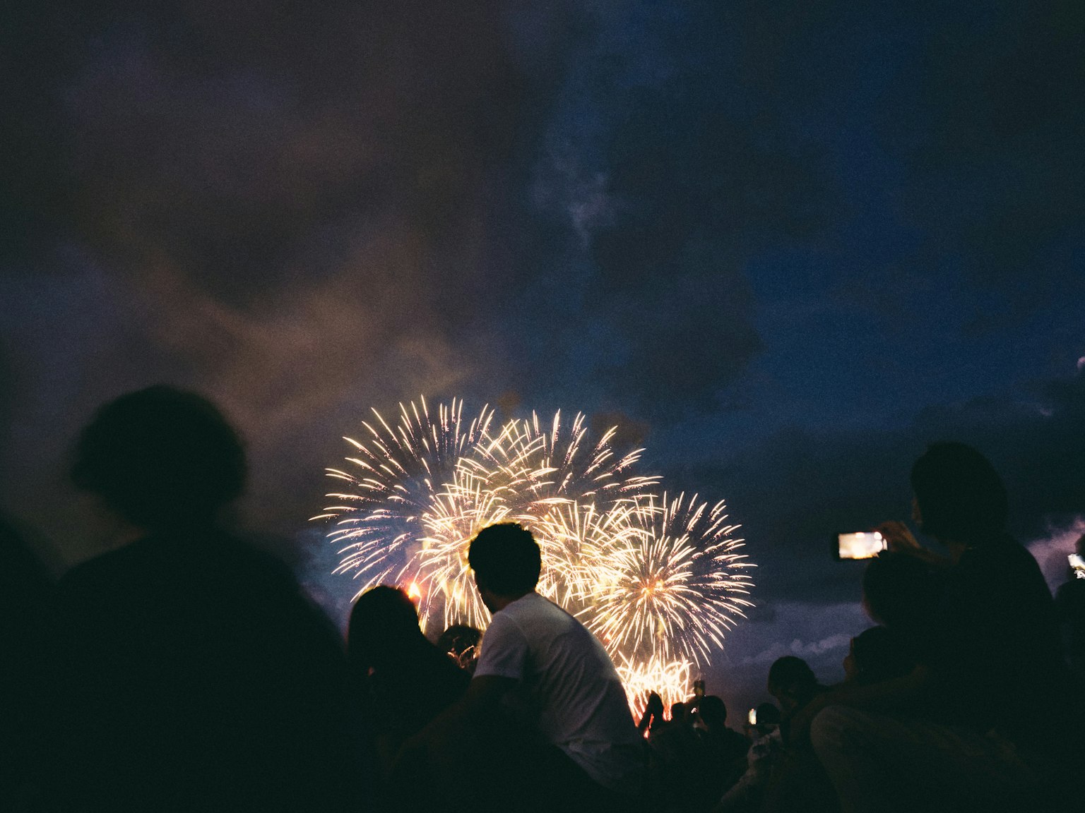 Fuochi d'artificio spettacolari che illuminano il cielo notturno con le silhouette degli spettatori