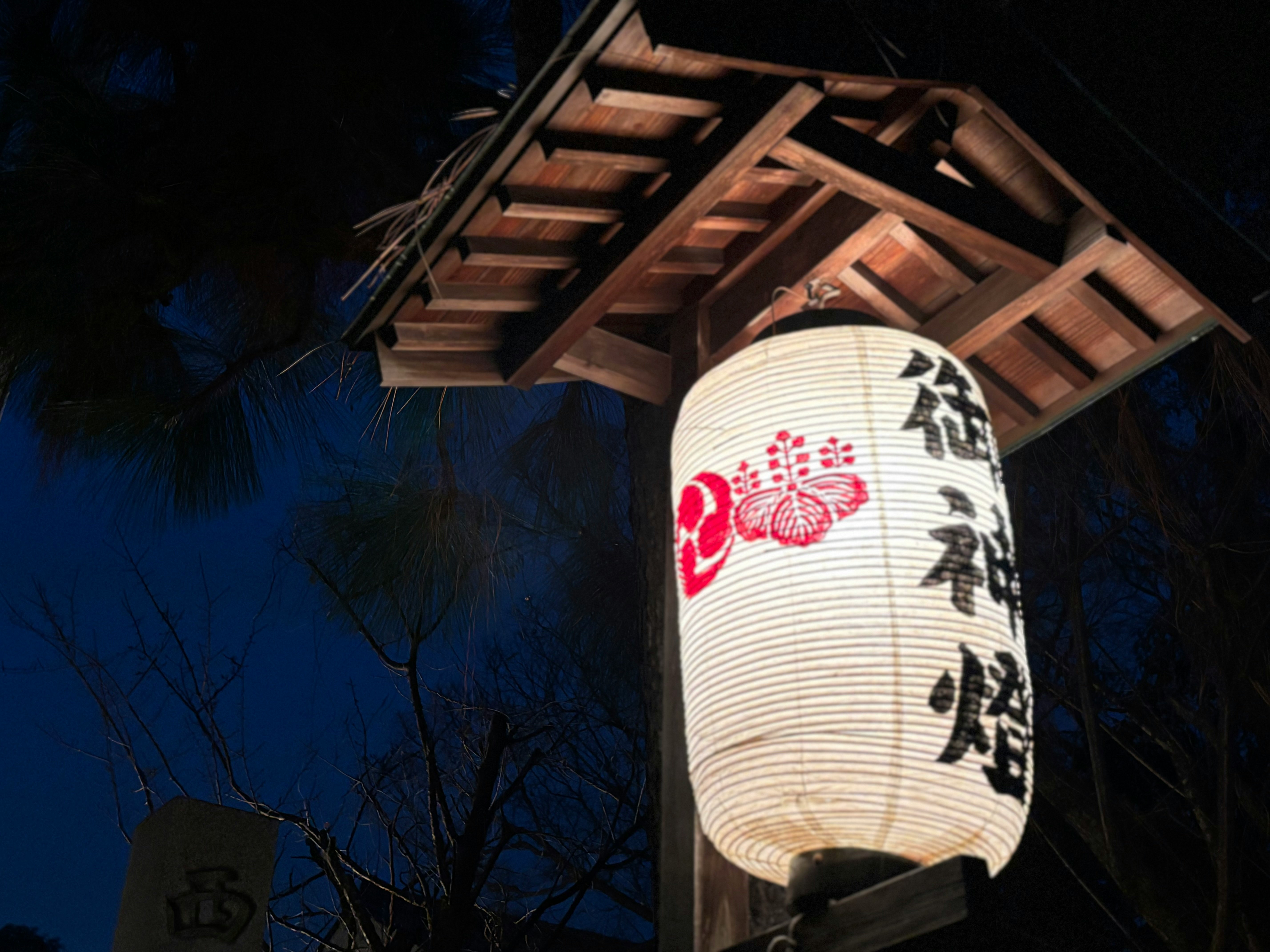 神社の提灯が夜の初詣の灯りとして揺れる情景