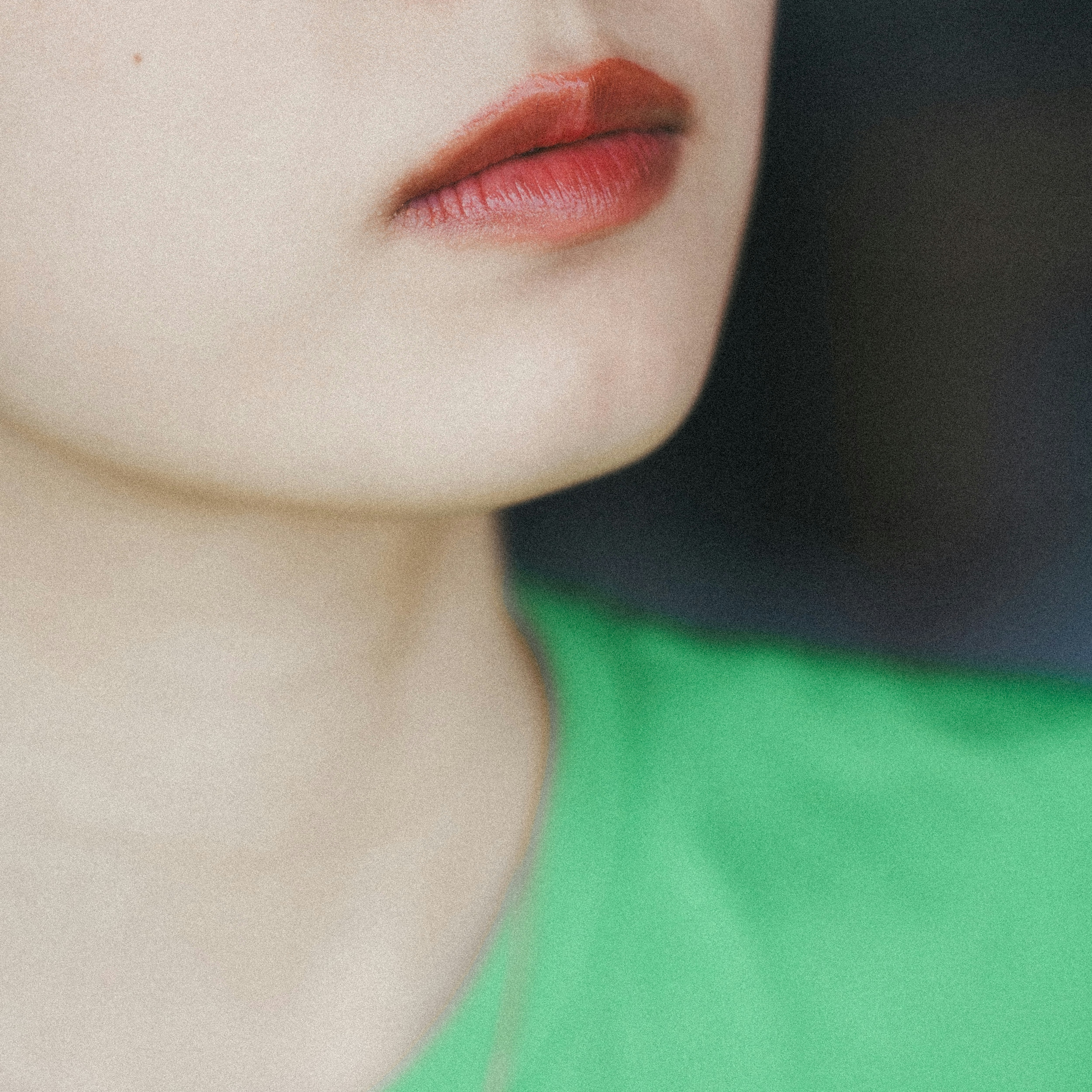 Close-up bibir dan bagian bawah wajah dengan atasan hijau