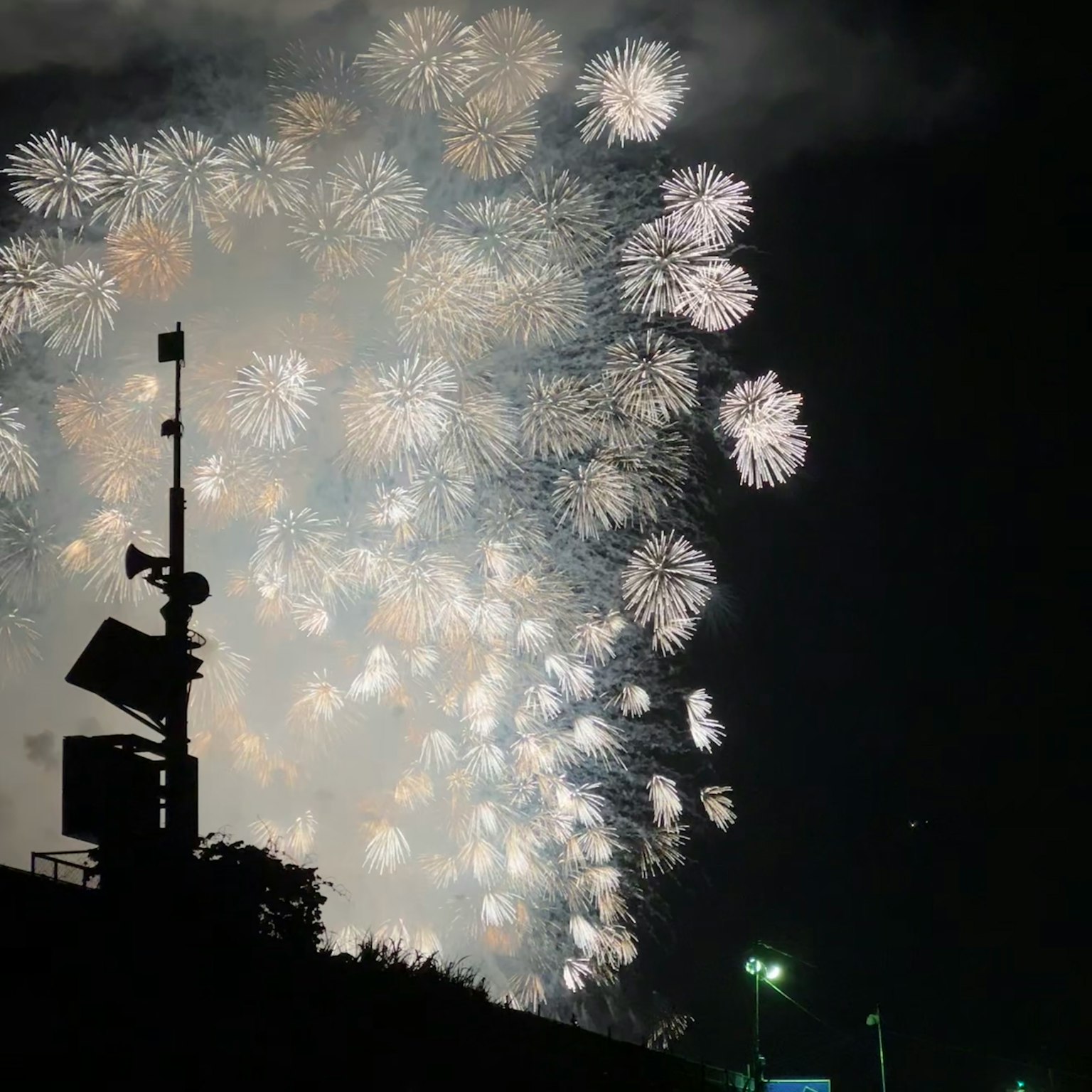 夜空中的白色烟花和建筑轮廓
